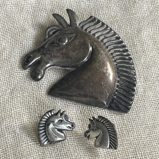 Vintage 40s Horse Head Sterling Silver Hand Crafted in Mexico Deco Brooch + Earring Set Jewelry