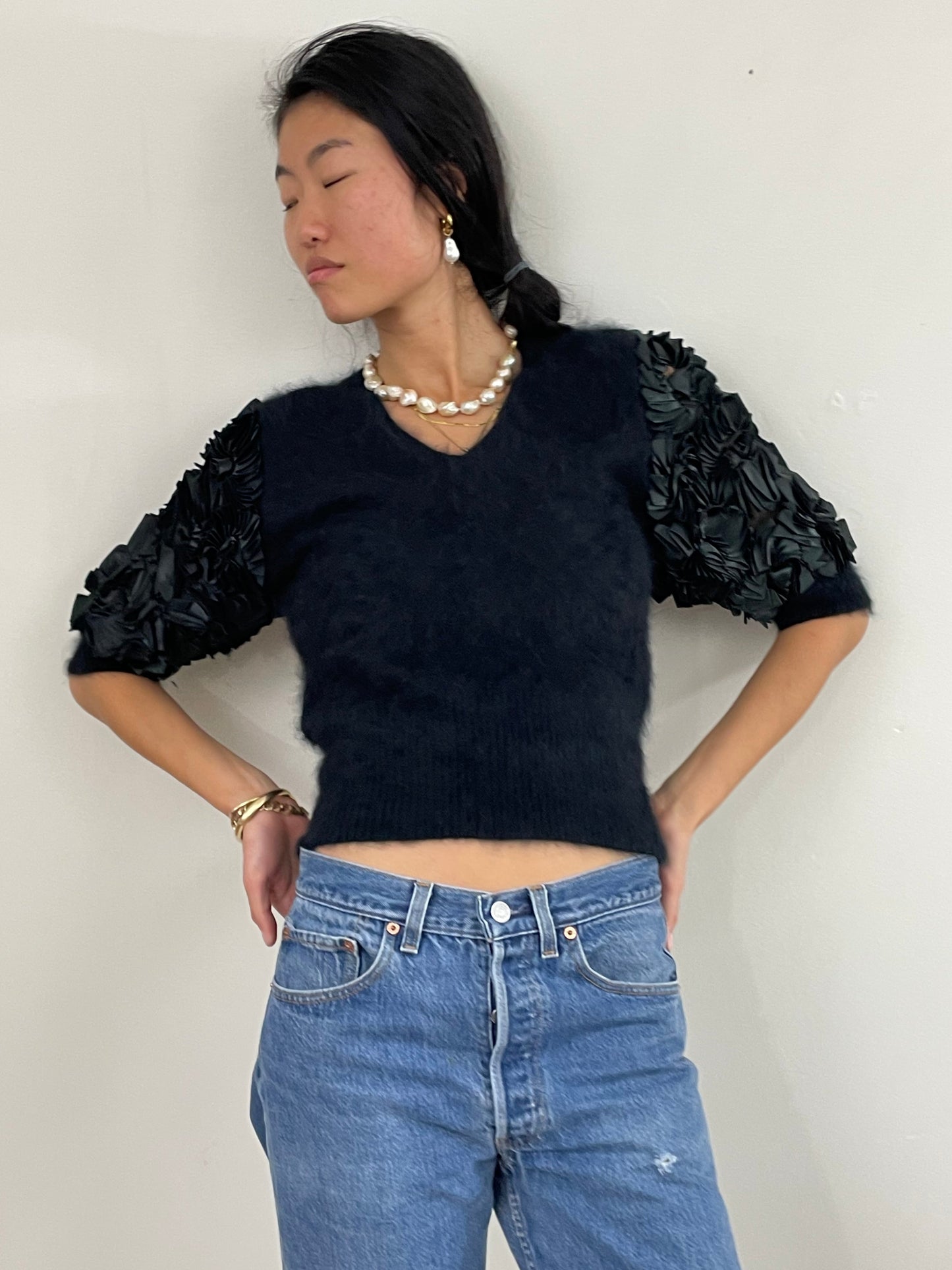 Vintage 80s Angora Puff Sleeve Black Fuzzy Sweater Med