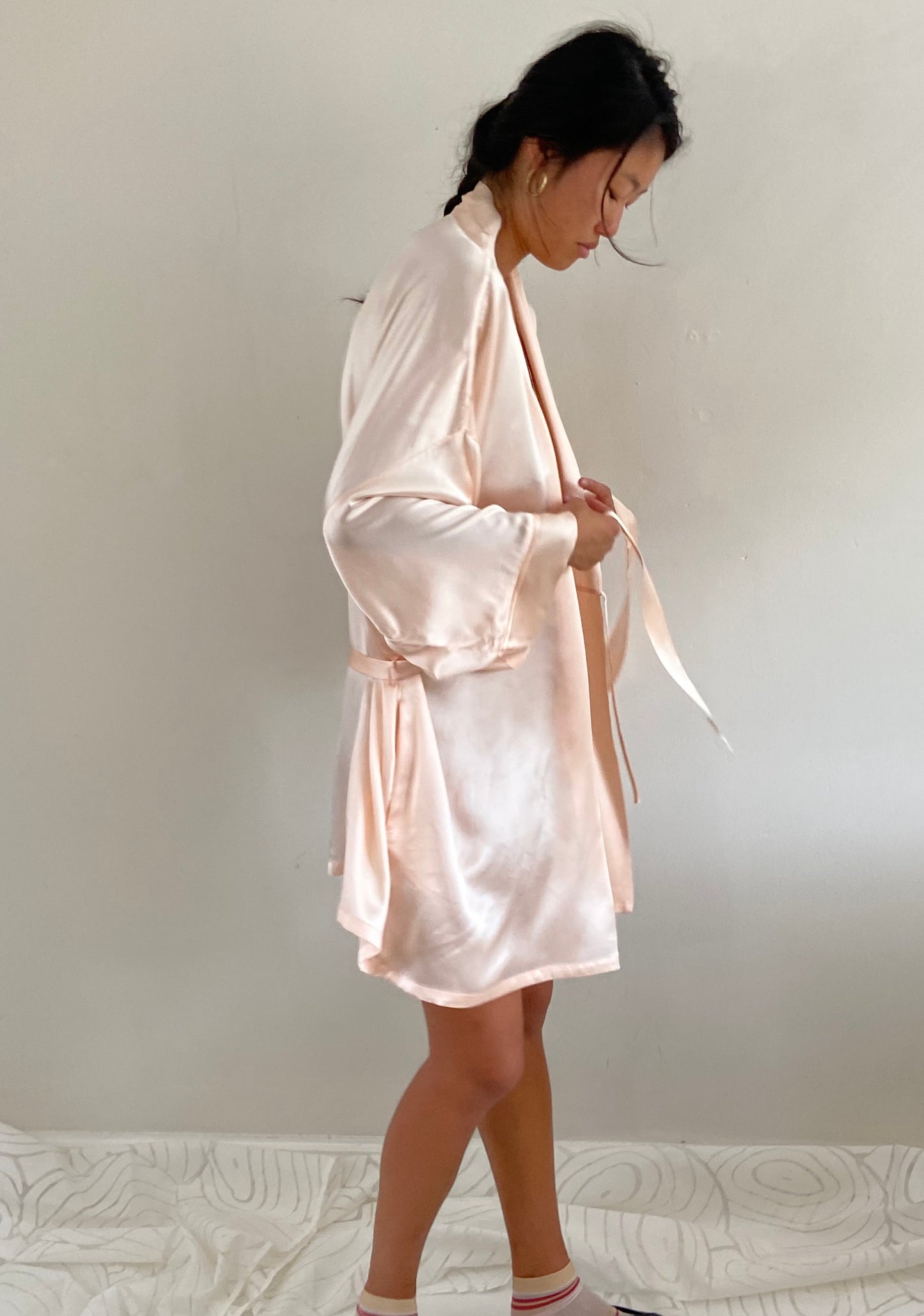 vintage 90s 100% silk charmeuse blush pink kimono robe L dress