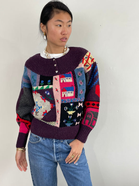 Vintage Hand Knit Intarsia Folk Art Patchwork Cottage Wool Sweater