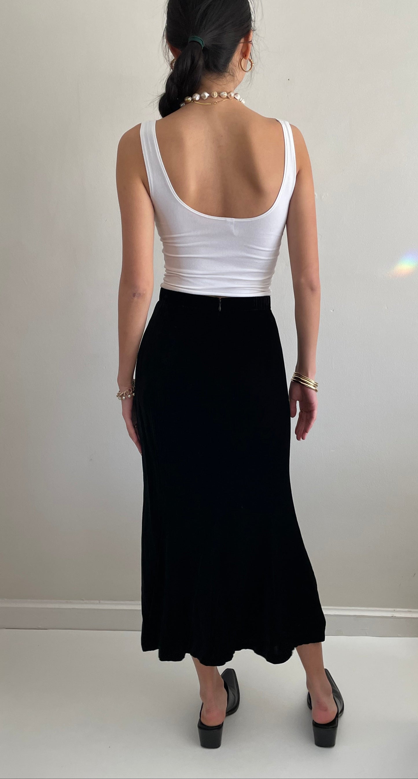 Vintage 90s Black Silk Velvet Tulip Maxi Skirt | 25 waist