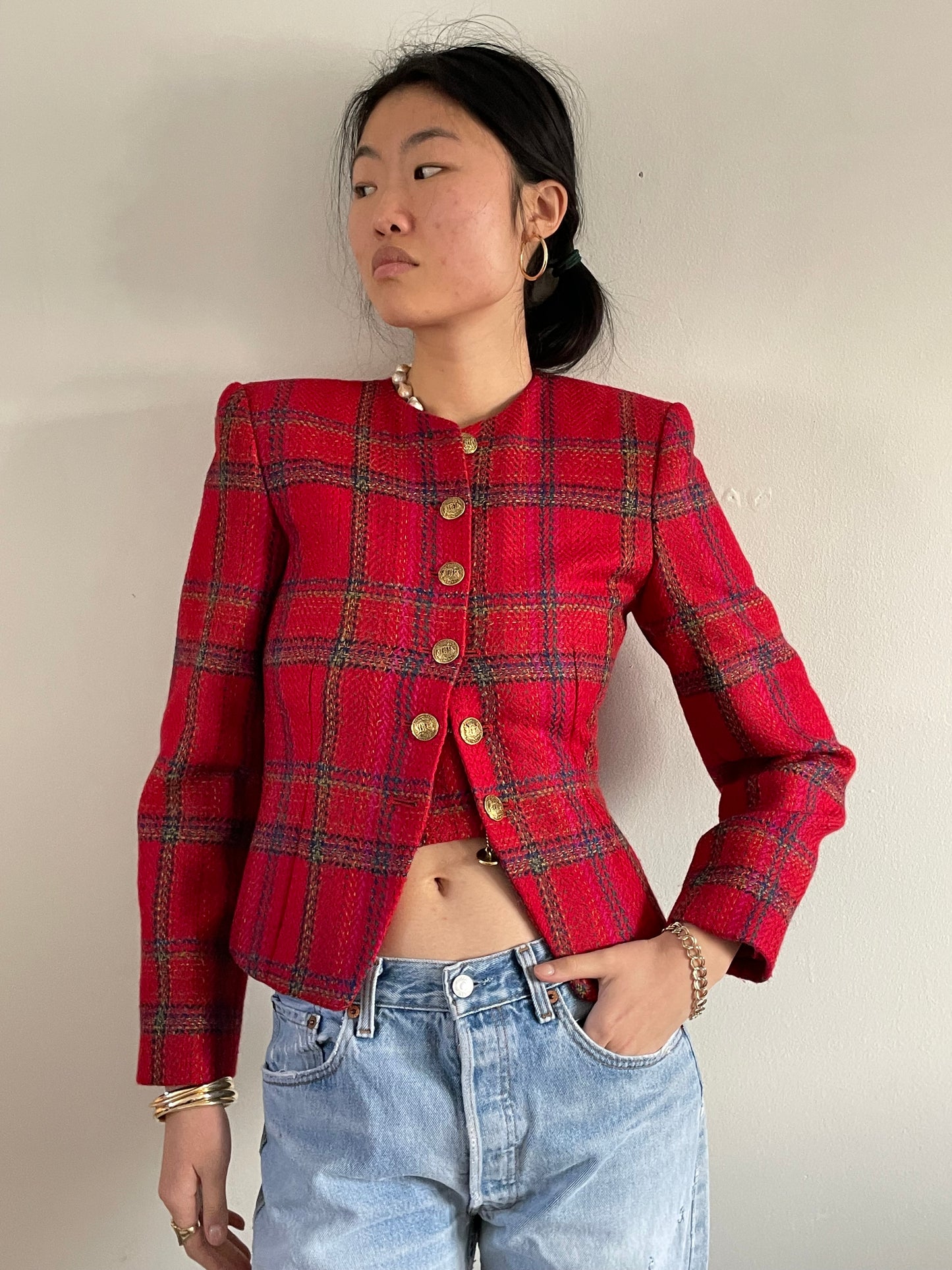 Vintage Plaid Cropped Gold Button Chain Blazer + Matching Skirt Suit Set | Vintage Ellen Tracy Red Tweed Wool Blazer Suit