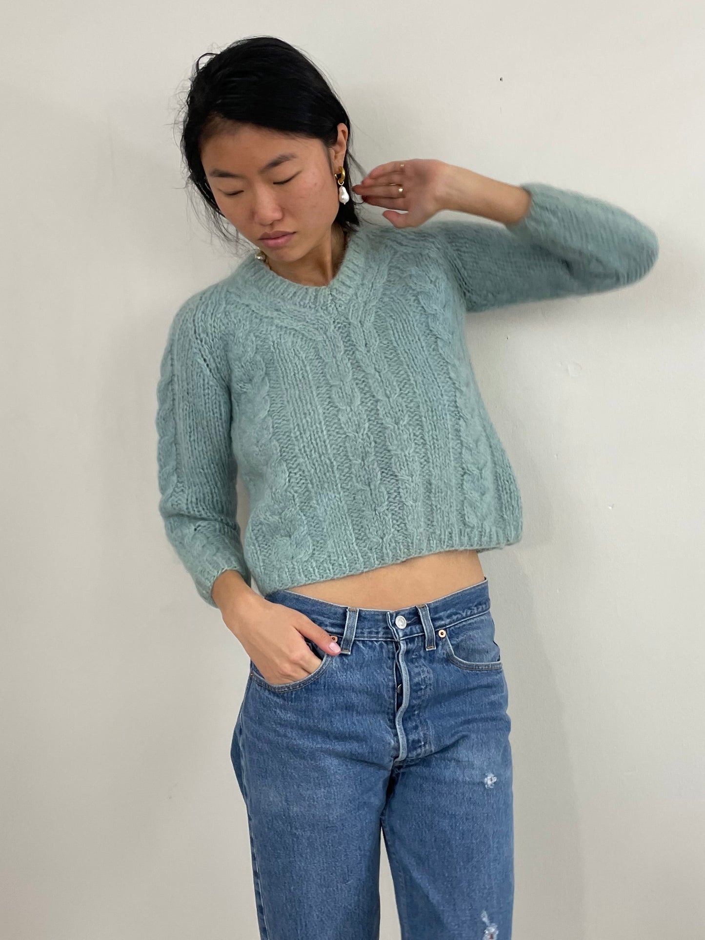 Vintage 60s Mohair Hand Knit Robins Egg Blue Cropped Cable Sweater S
