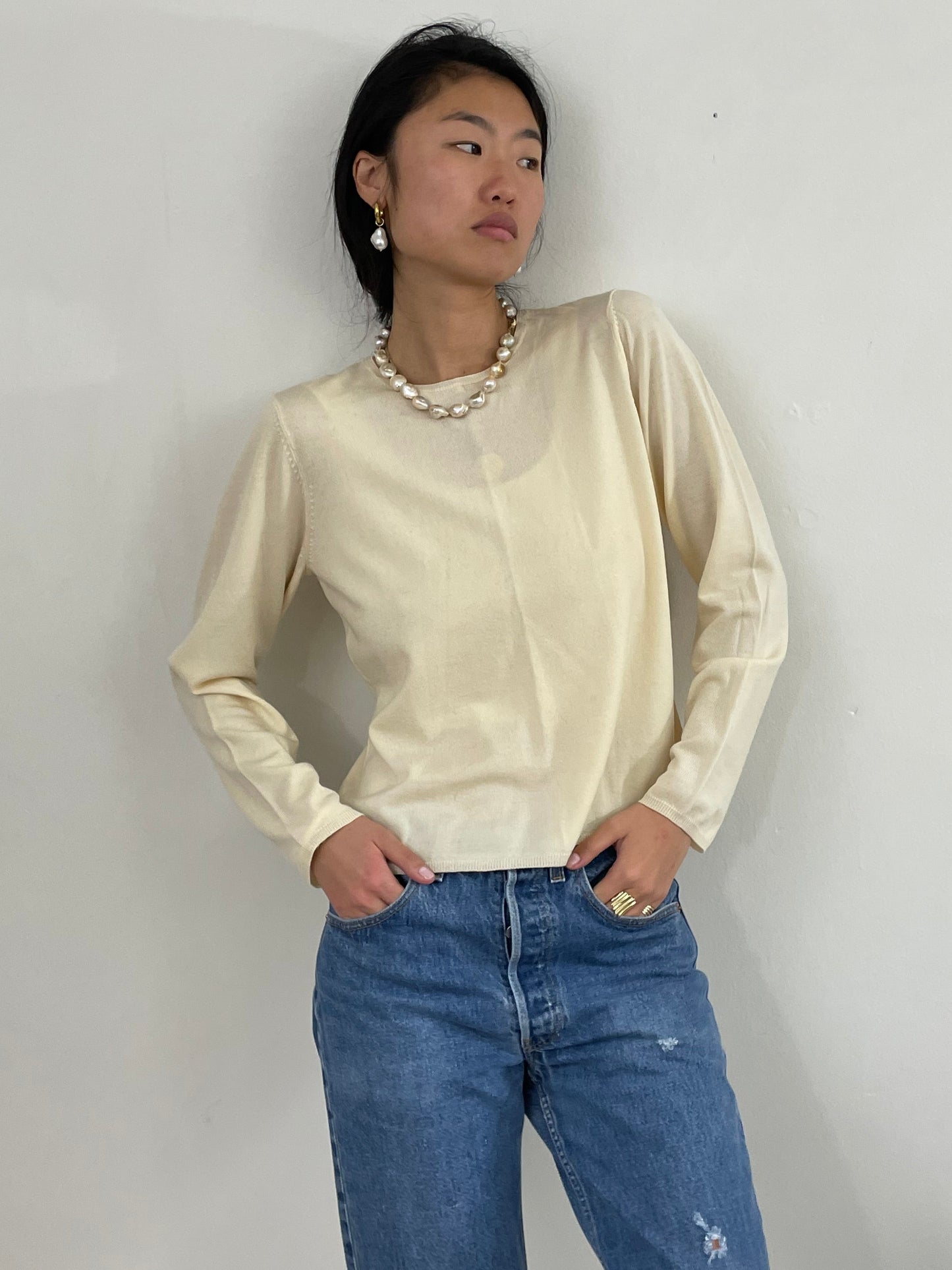 Vintage Merino Wool Lightweight Crewneck Buttercream Sweater