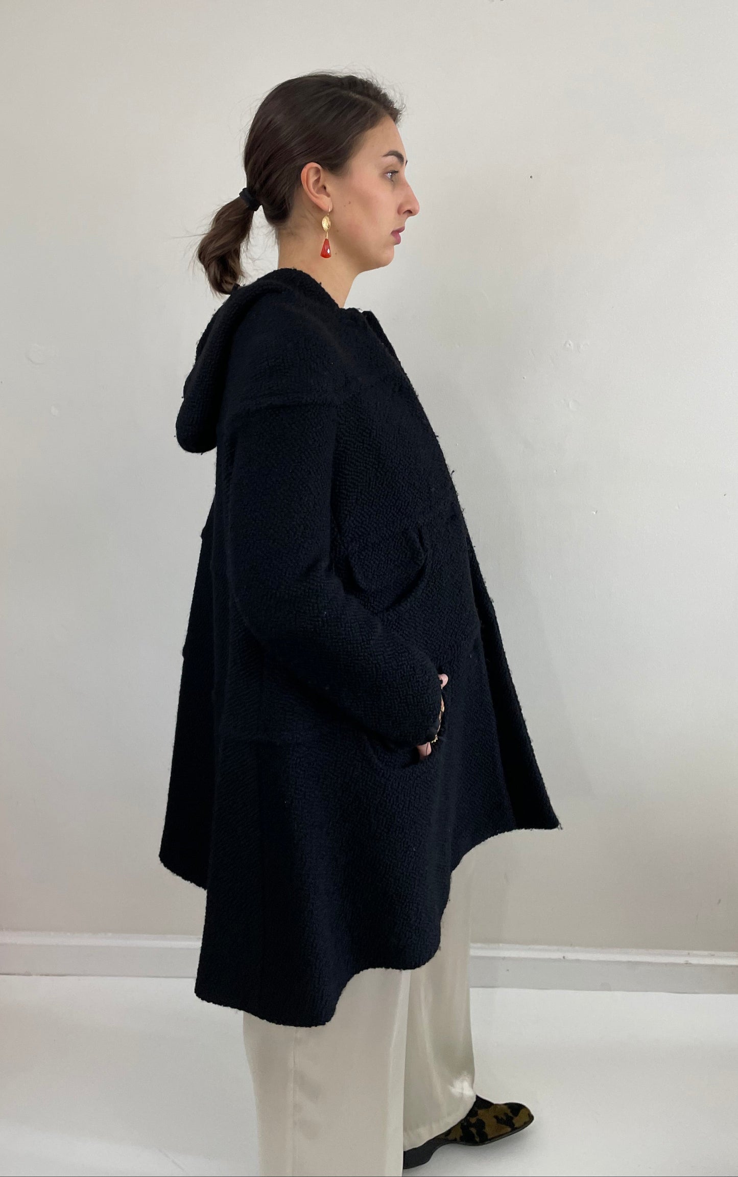 Vintage Black Boucle Wool Martin Grant Paris Hooded Swing Coat + Silver Buttons