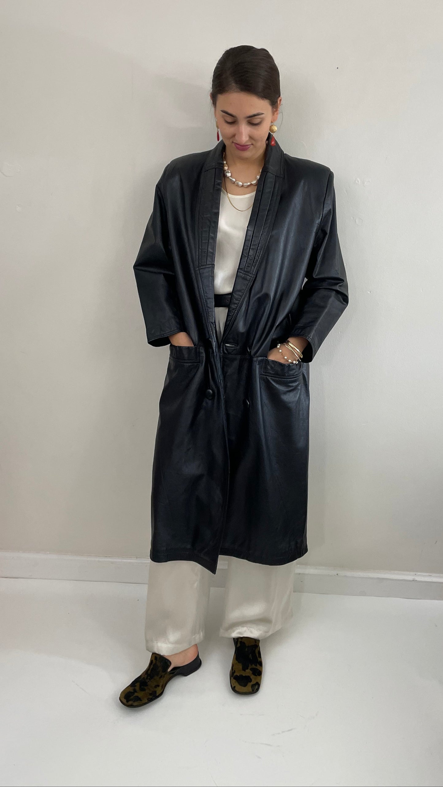 Vintage 90s Leather Trench Black Double Breasted Jacket