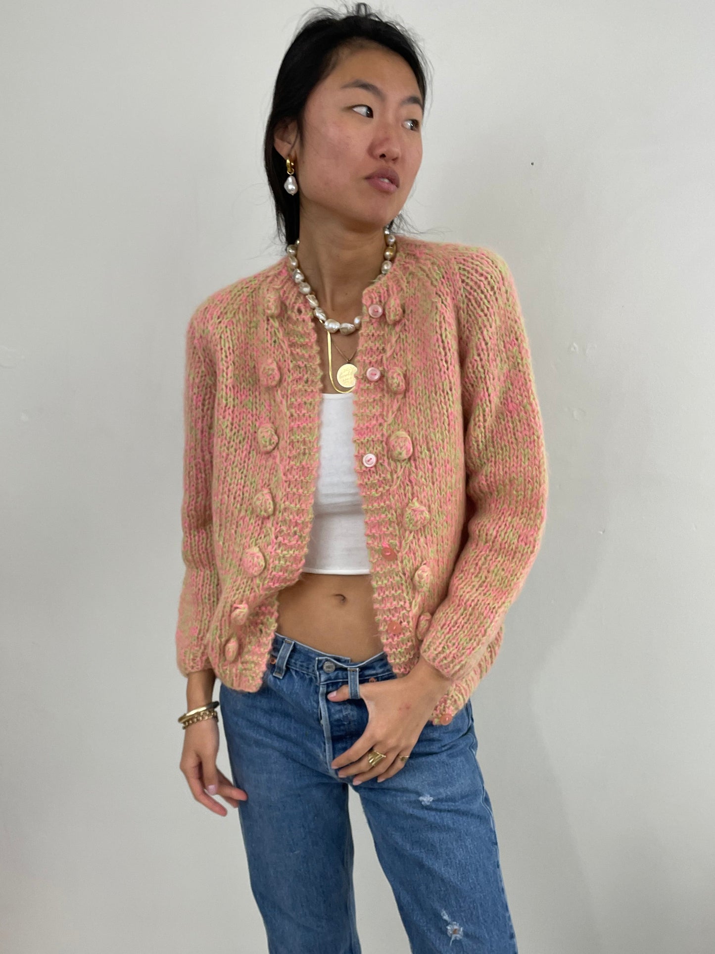 Vintage 60s Mohair Hand Knit Variegated Fuzzy Cardigan M