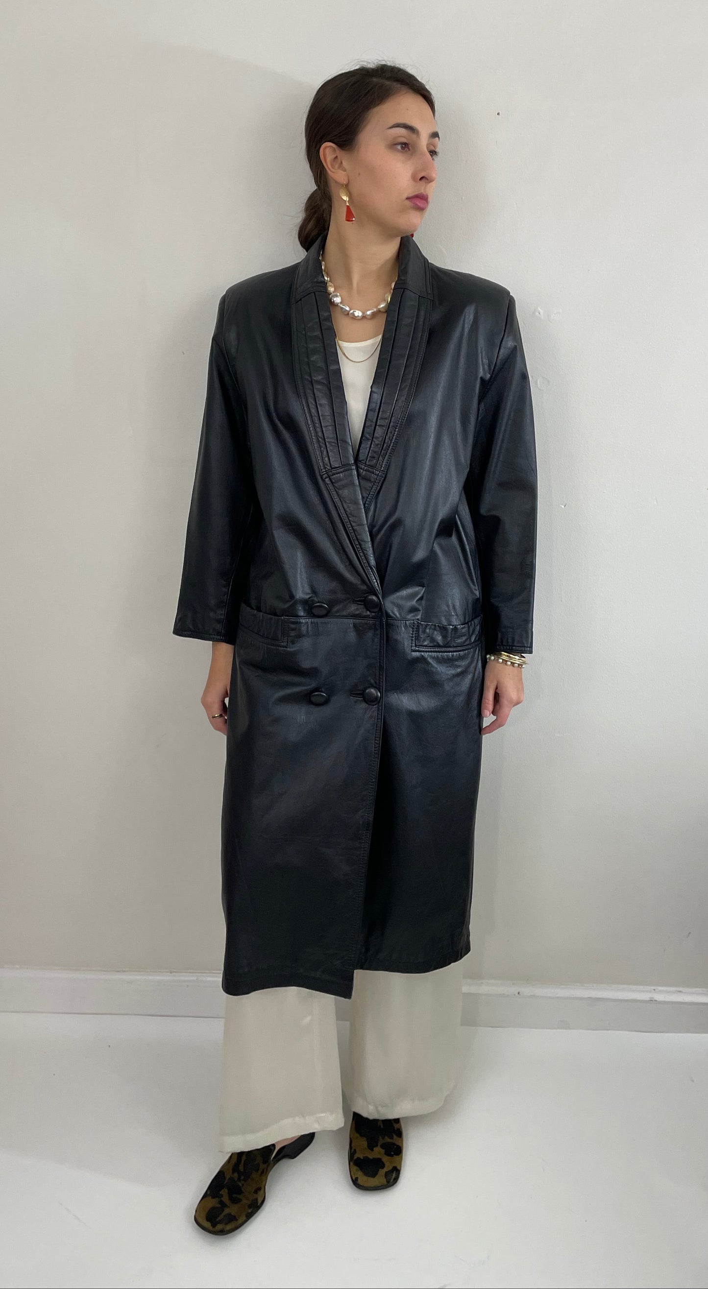 Vintage 90s Leather Trench Black Double Breasted Jacket