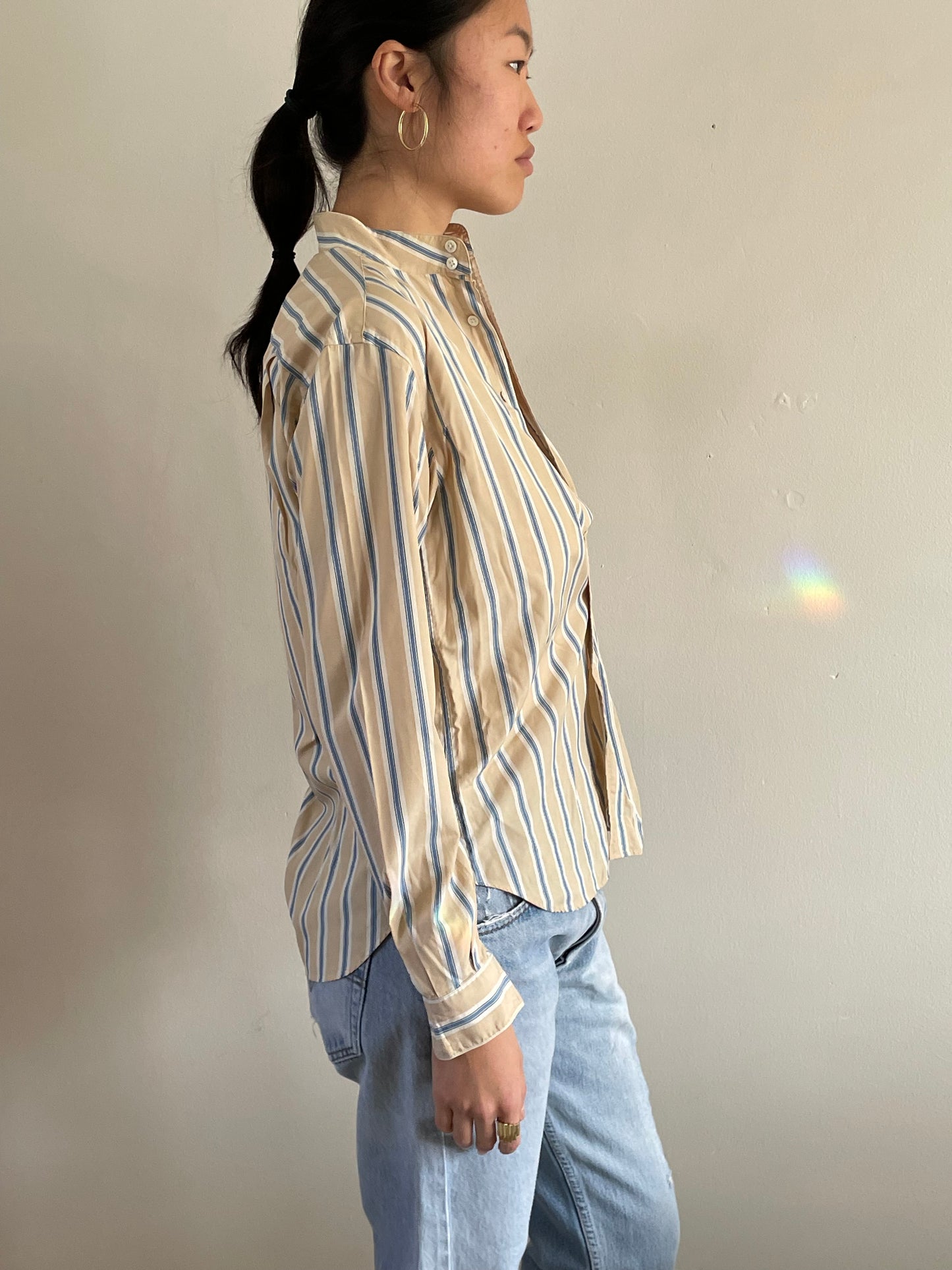 vintage 80s Calvin Klein cotton blouse khaki beige pinstripe