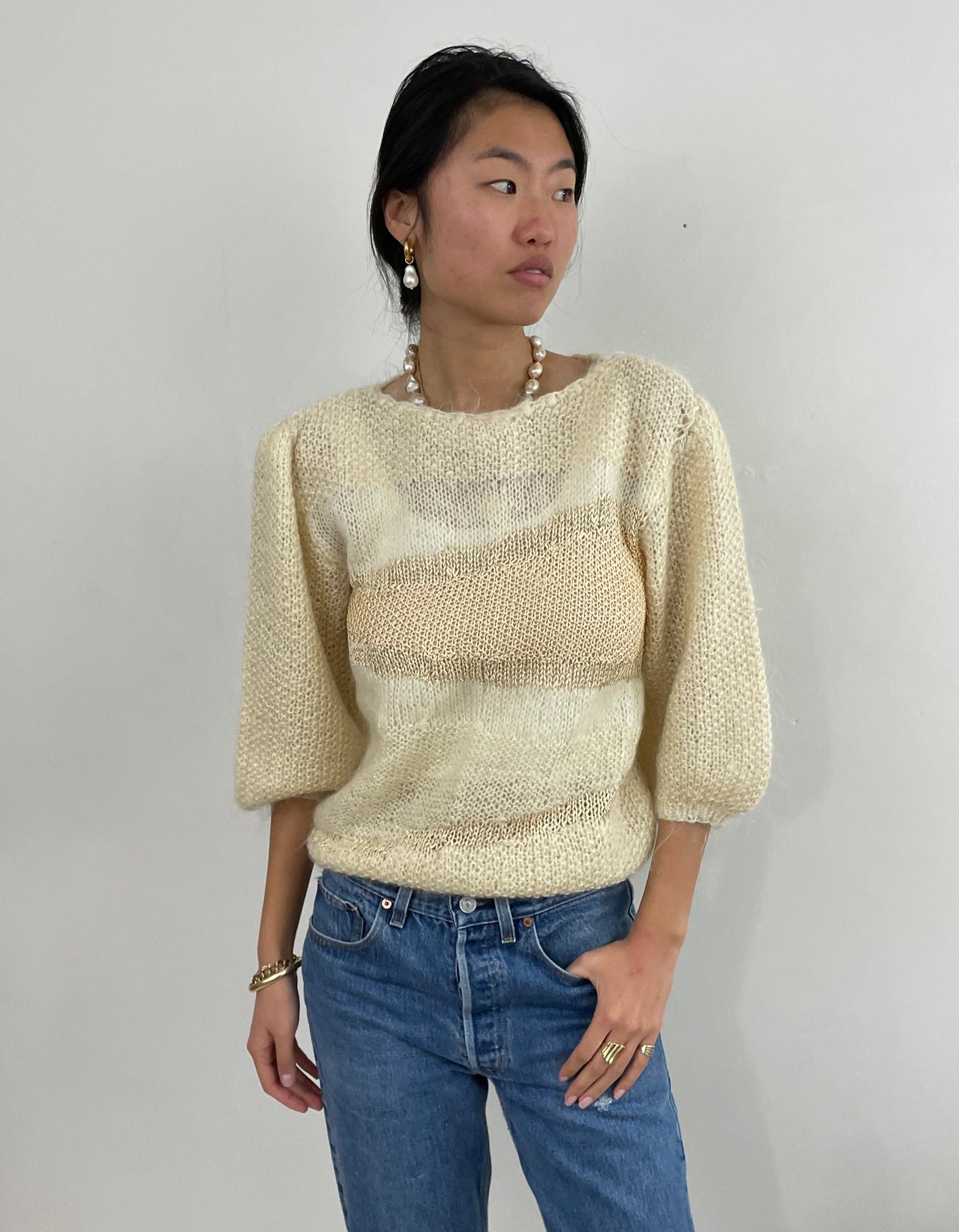 vintage 90s Handknit Mohair + Silk Ivory Fuzzy Boatneck Sweater