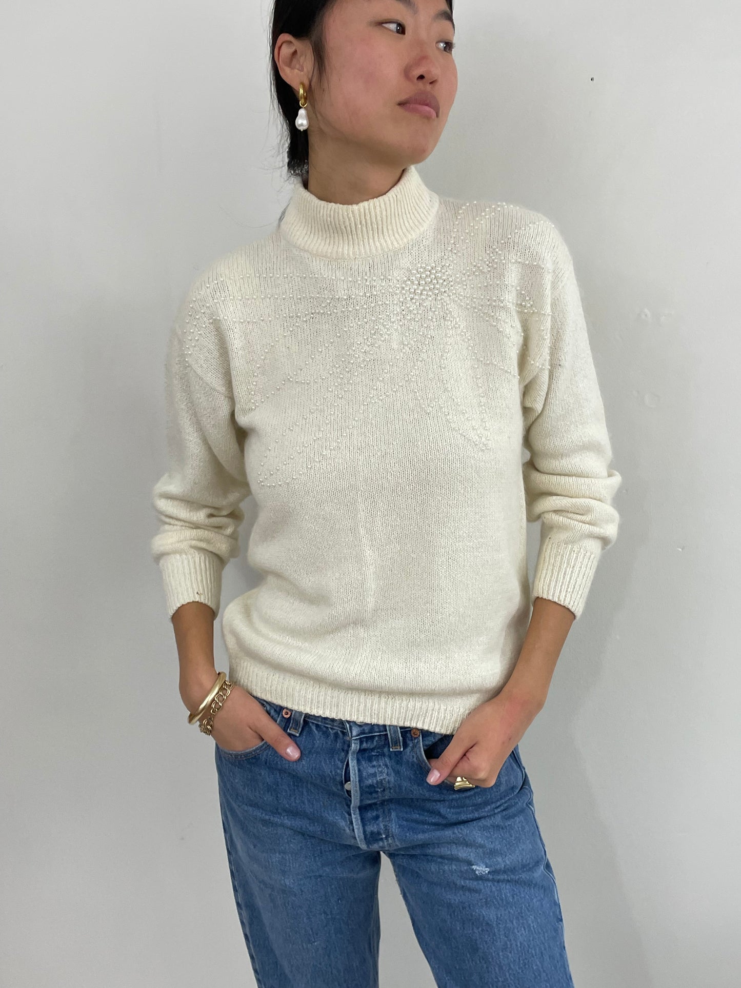 Vintage 90s Beaded Silk Angora Mockneck White Sweater Med