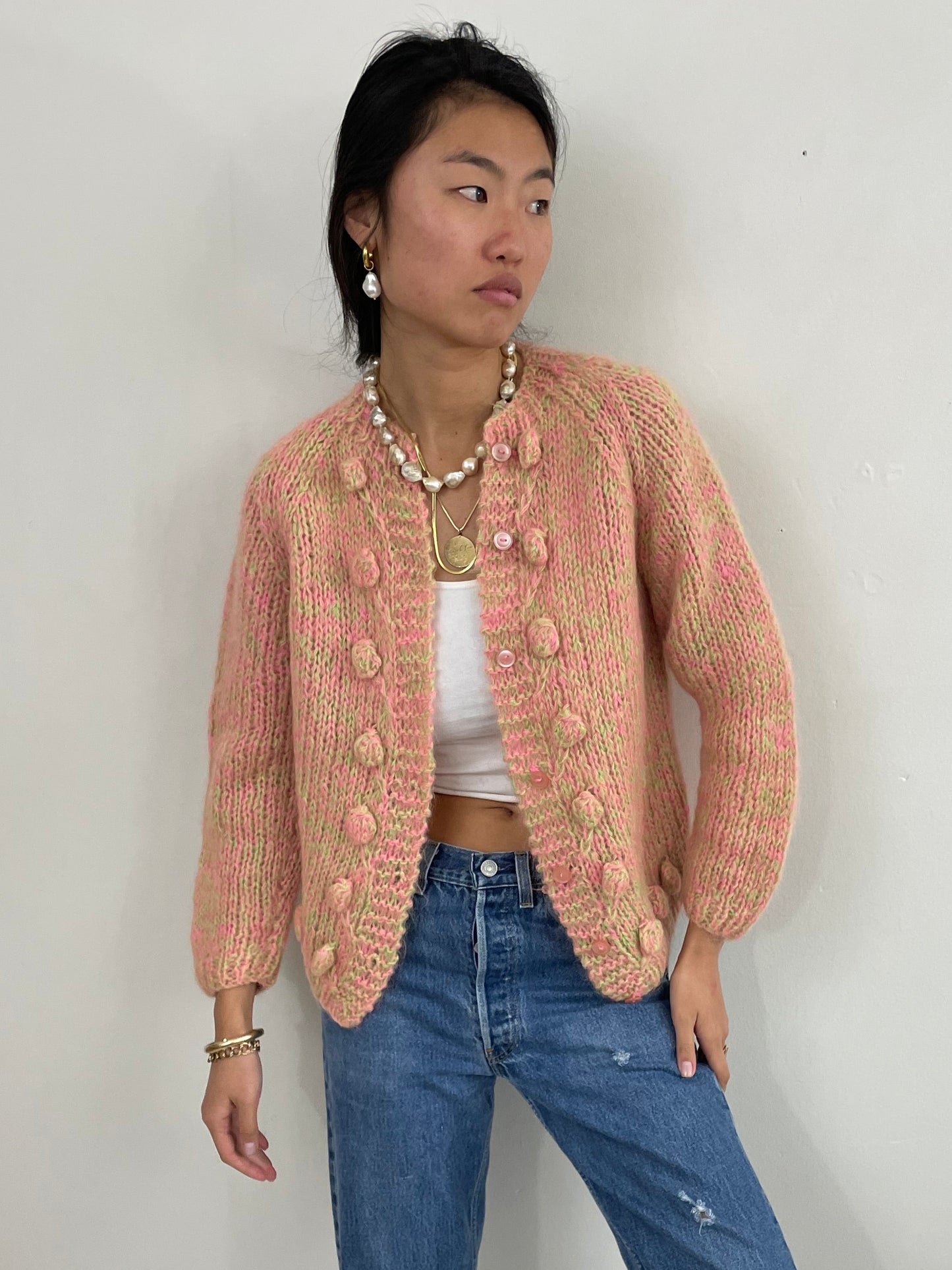 Vintage 60s Mohair Hand Knit Variegated Fuzzy Cardigan M