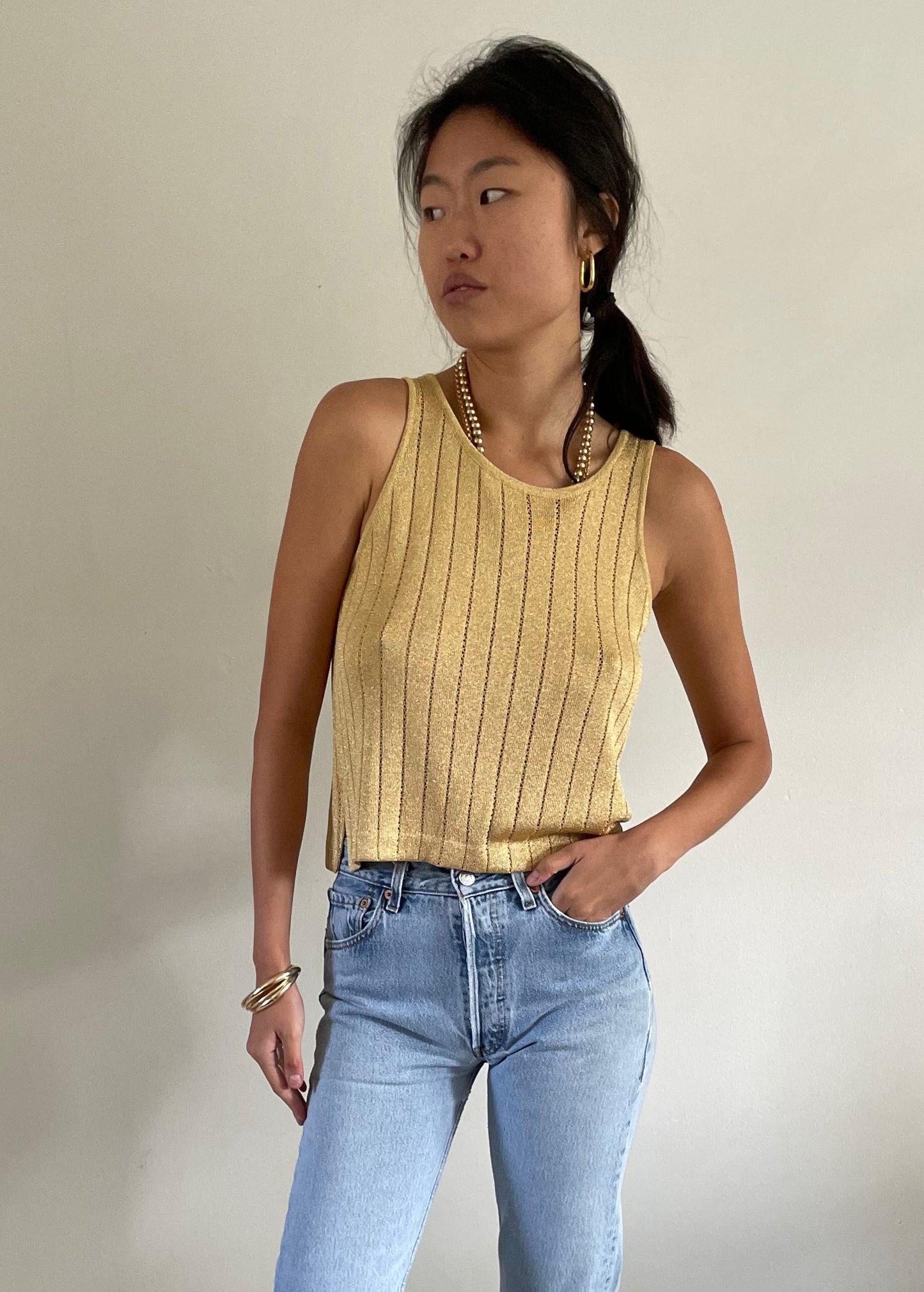 Vintage St John gold pointelle knit sleeveless sweater tank shell