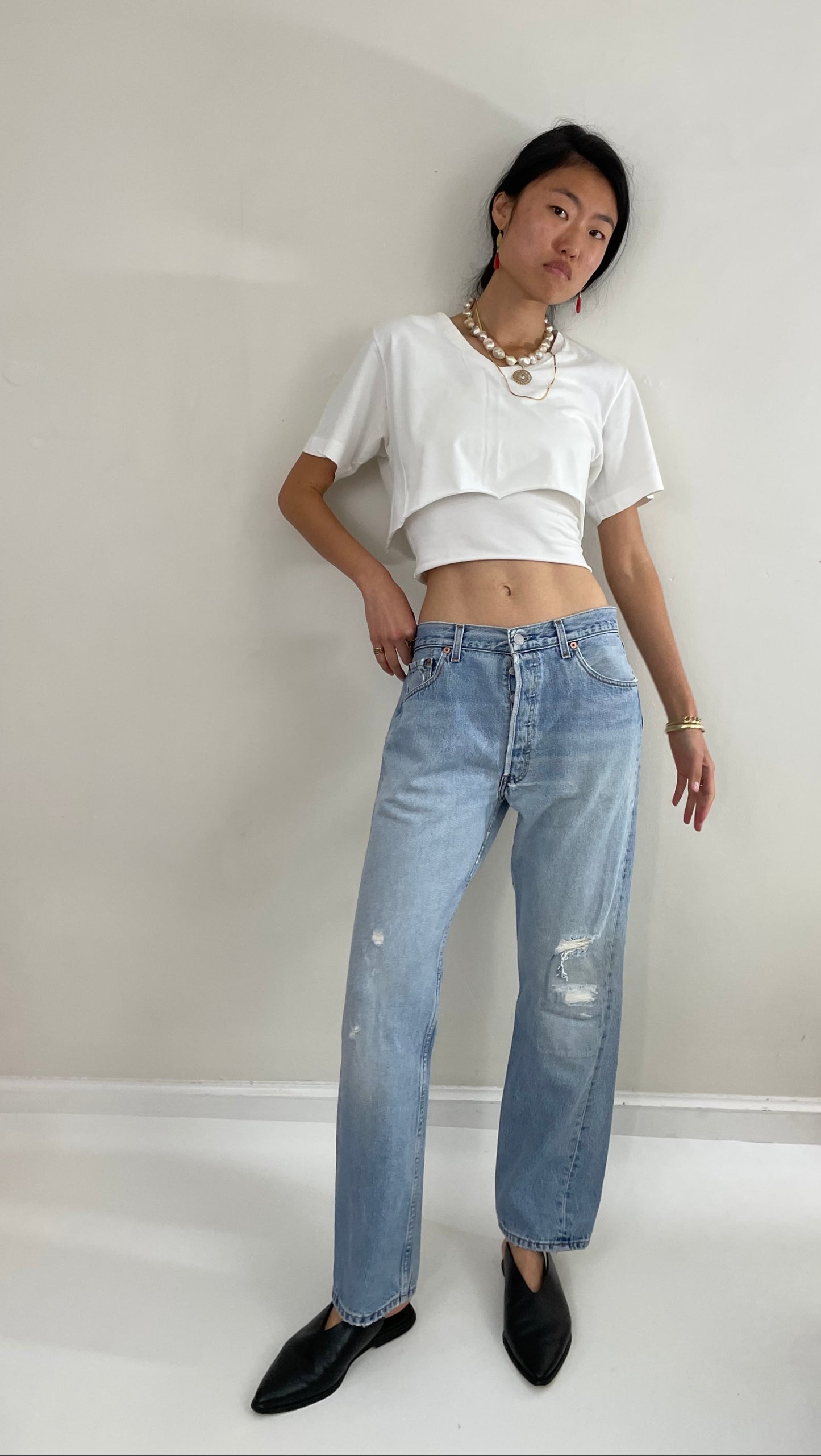 RESERVED Vintage 80s Levi's 501 faded button fly medium wash red tab patched knee Levis iconic jeans size 32 x 29