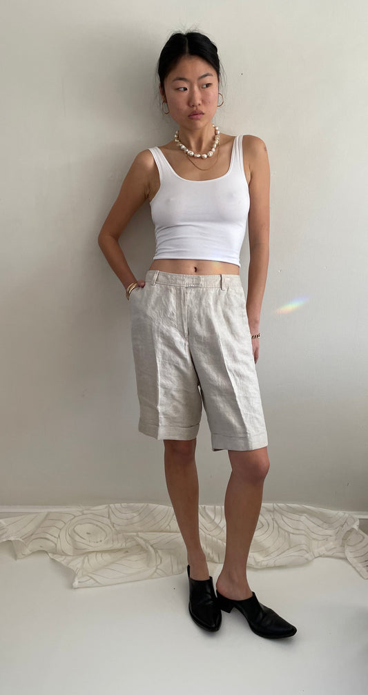 vintage linen silk oatmeal cuffed pleated trouser shorts 29 waist