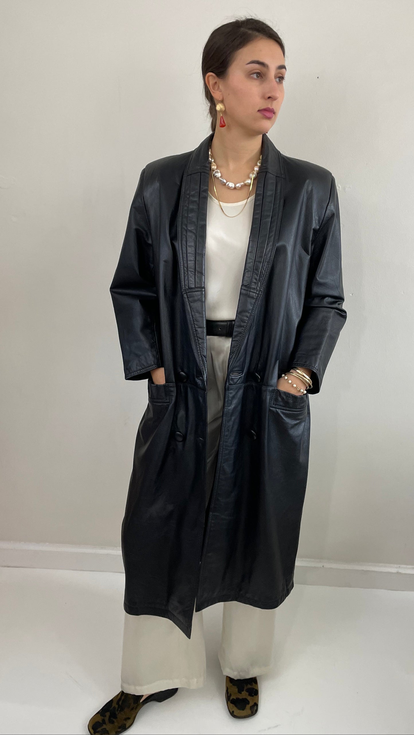 Vintage 90s Leather Trench Black Double Breasted Jacket