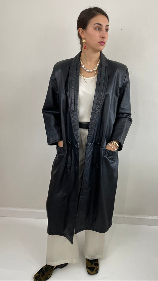 Vintage 90s Leather Trench Black Double Breasted Jacket