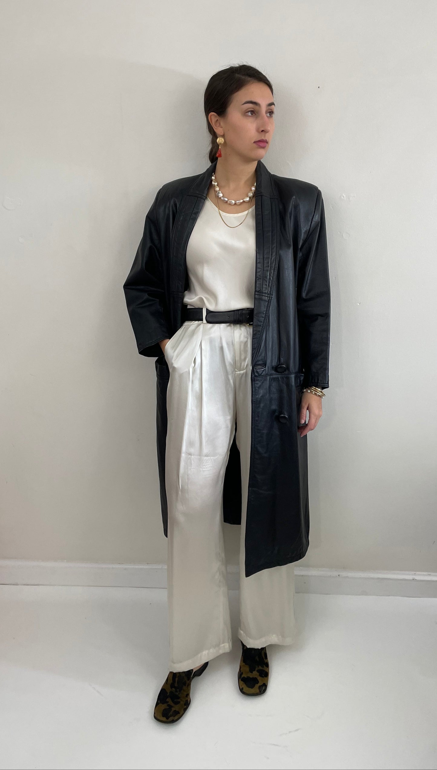 Vintage 90s Leather Trench Black Double Breasted Jacket