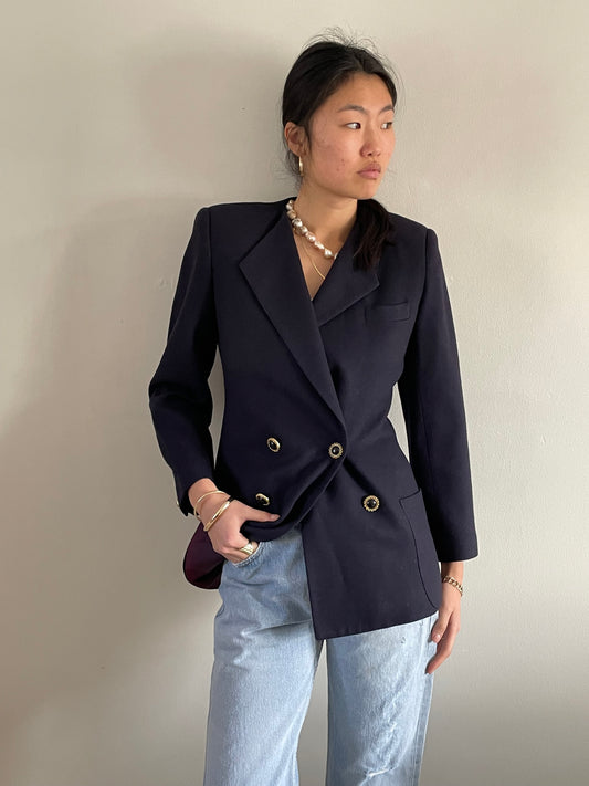 vintage double breasted cropped navy blue wool 90s blazer Medium