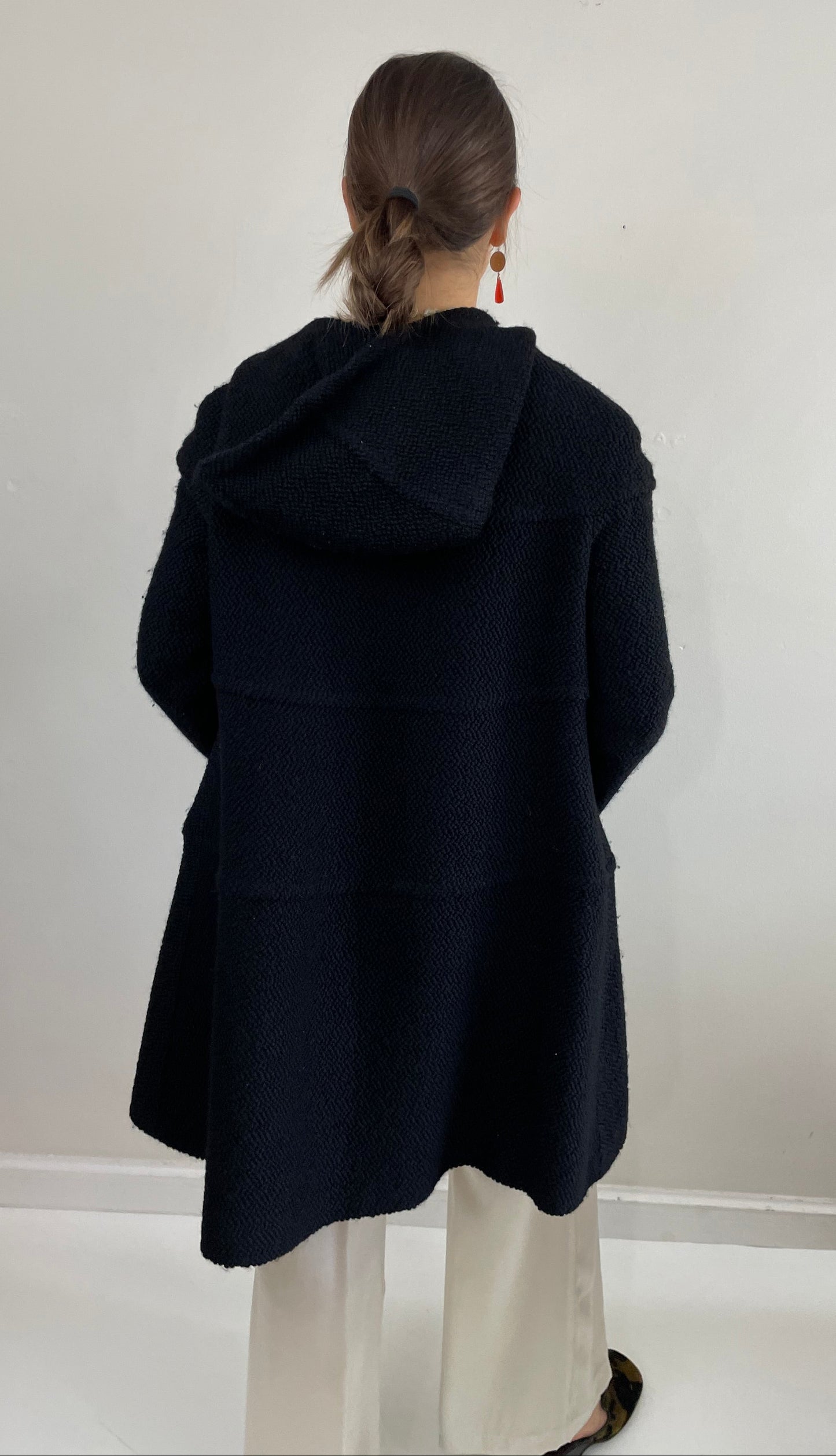 Vintage Black Boucle Wool Martin Grant Paris Hooded Swing Coat + Silver Buttons