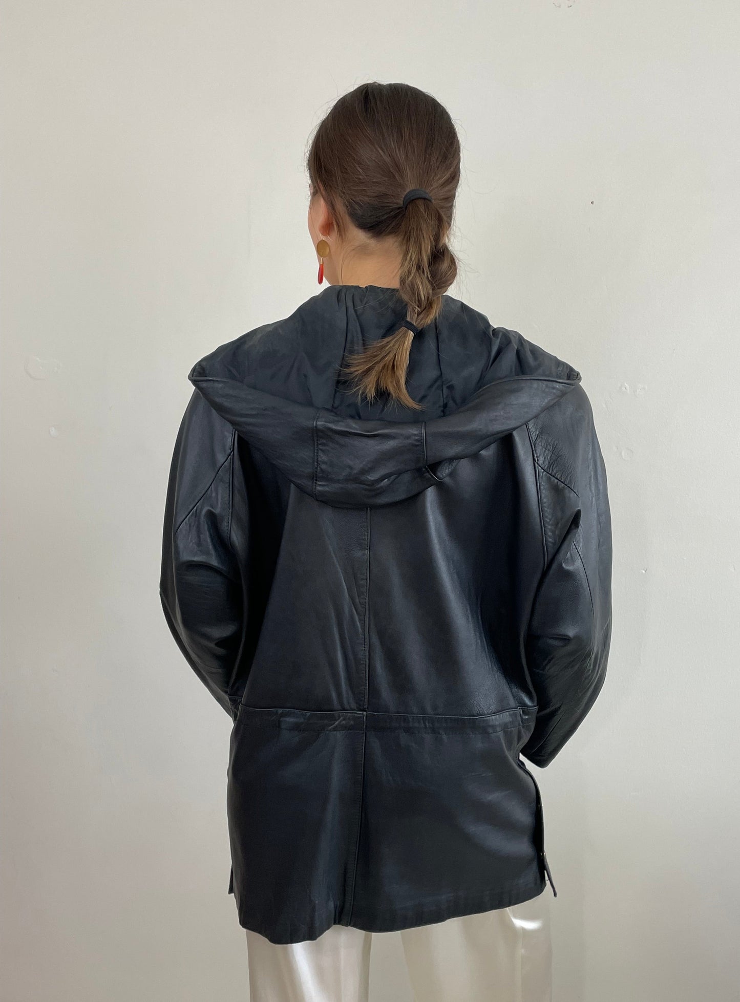 Vintage 90s Black Leather Jacket: Hooded Raglan Sleeve Zip Front Coat Medium