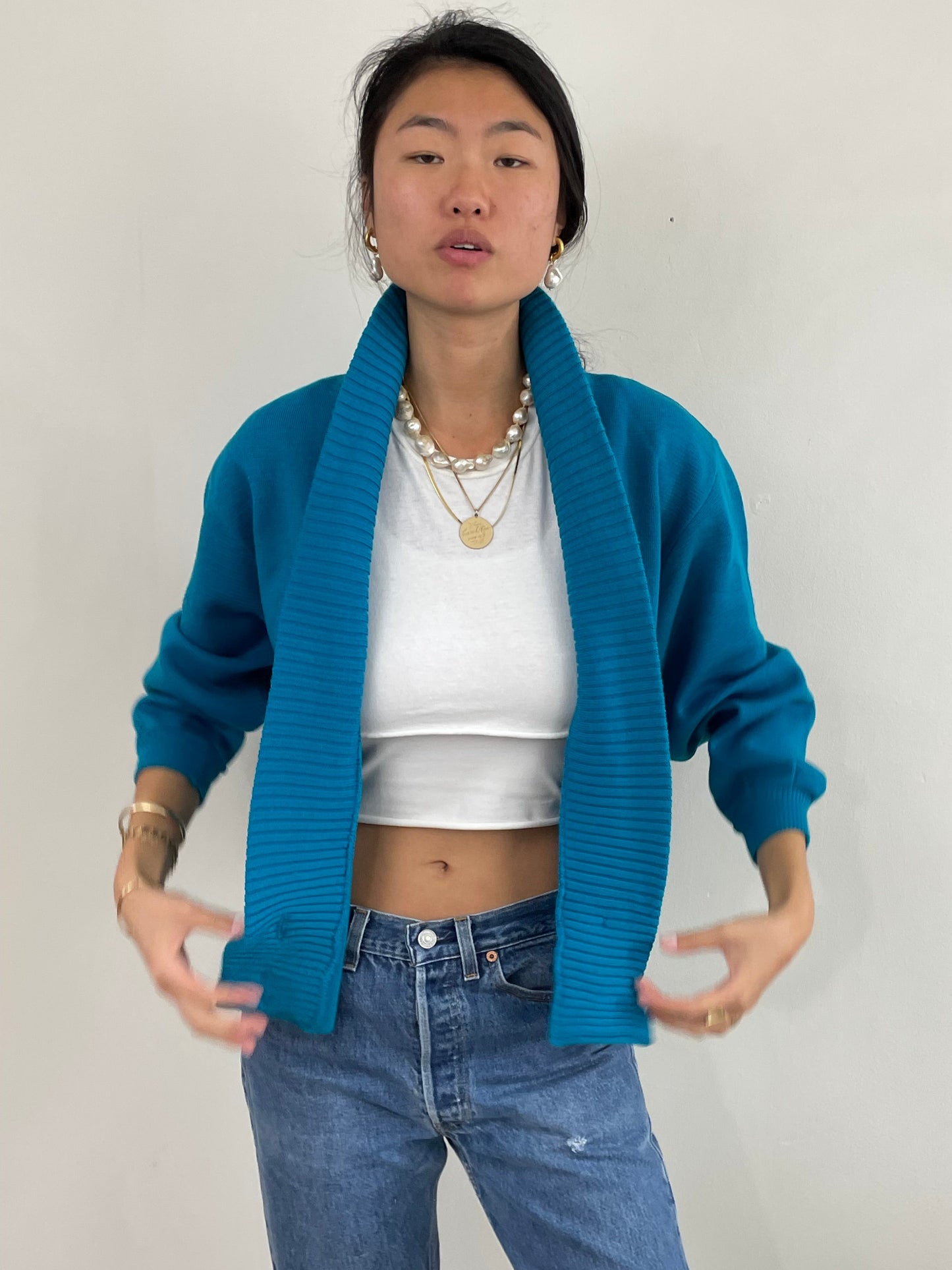 Vintage 70s Jaeger Wool Teal Shawl Collar Cardigan Small