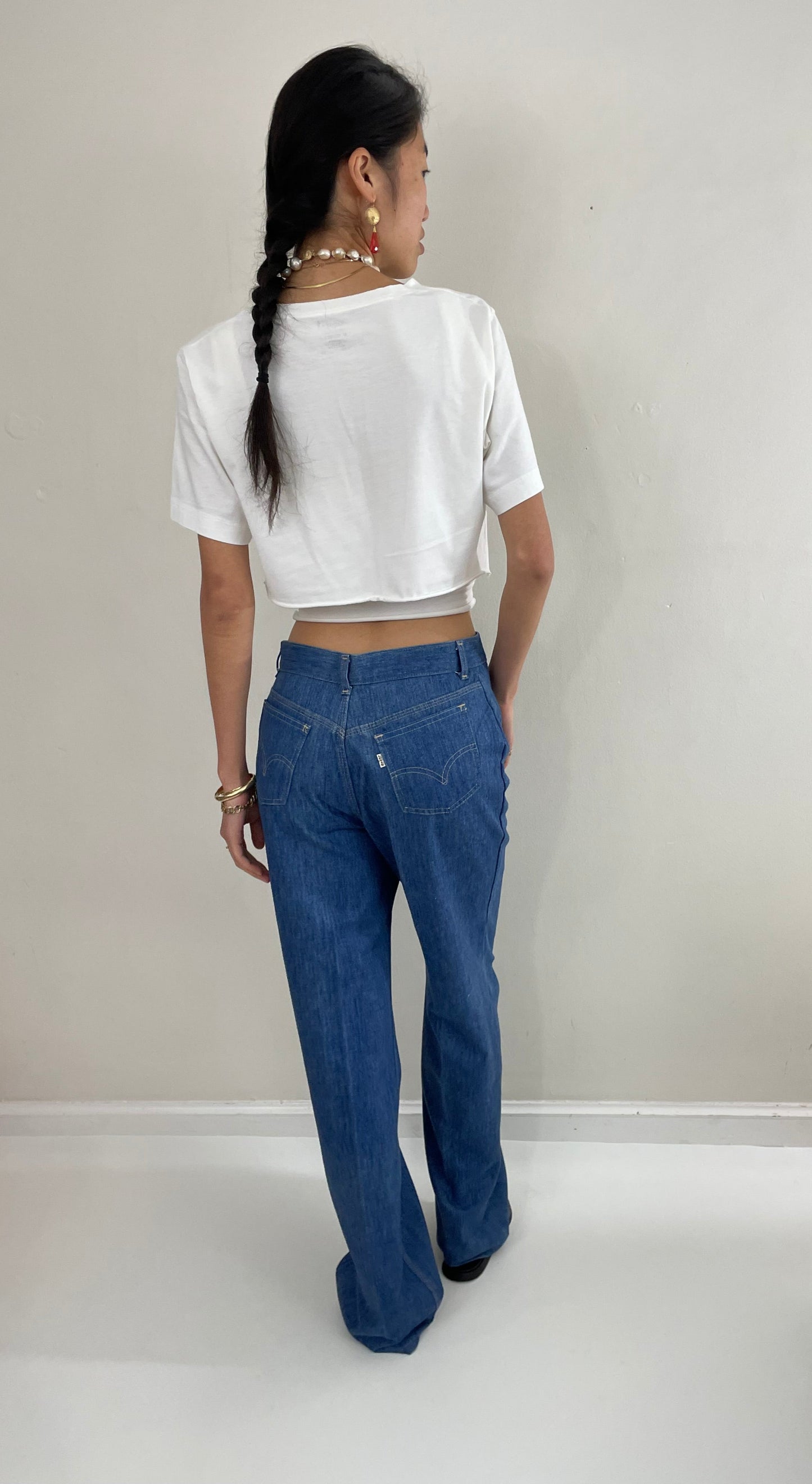 Vintage 70s Levi's bell bottom tall flare high waisted brushed cotton white tab Levis leisure jeans size 29 x 33