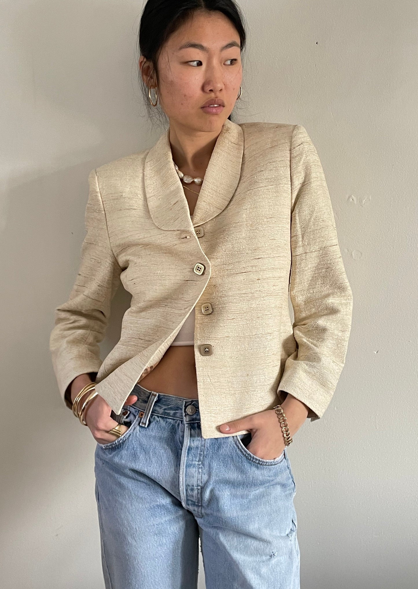 vintage raw silk oatmeal cropped blazer