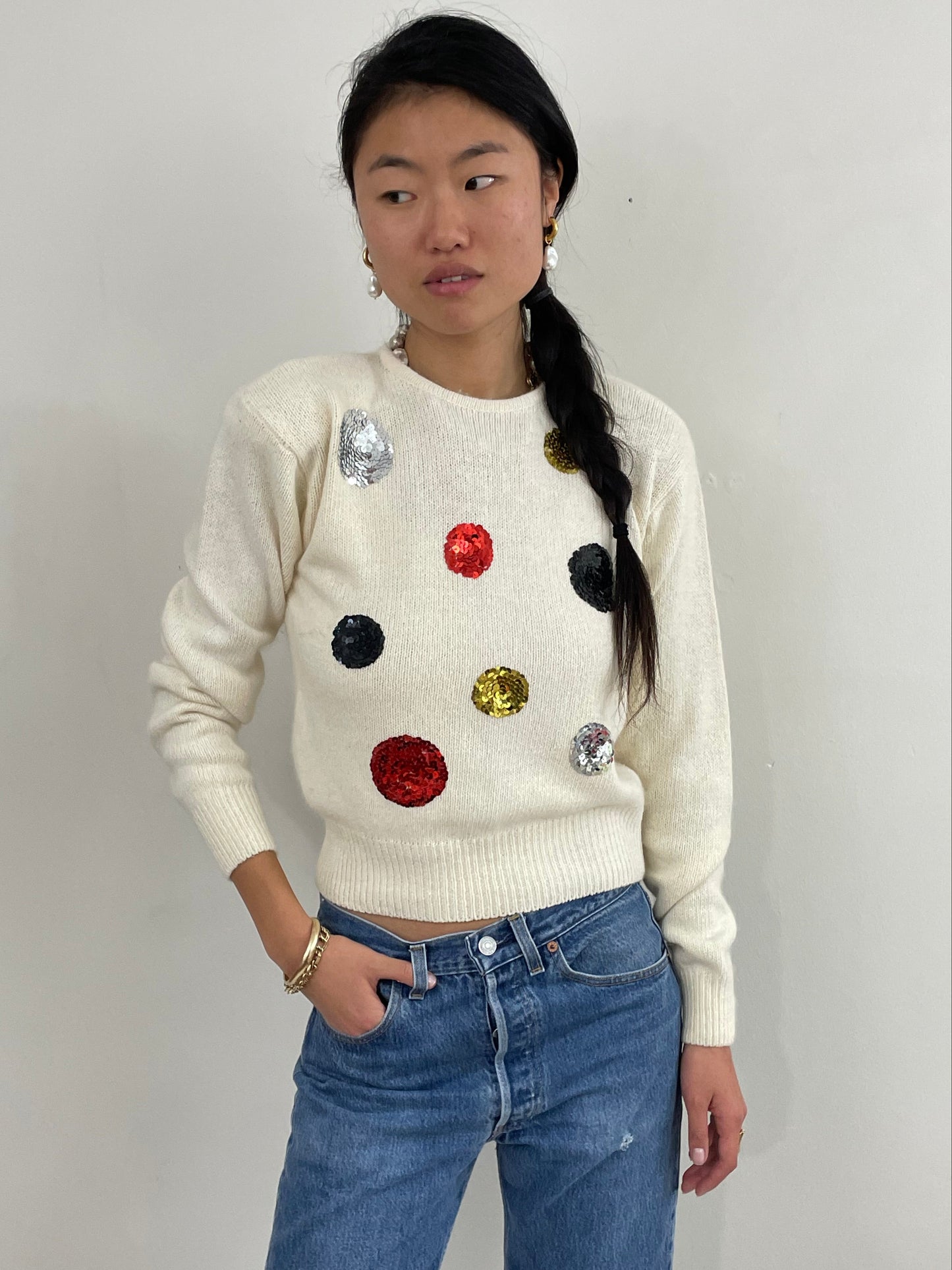 Vintage 90s White Sequins Disco Ball Silk Angora NWT Sweater Med