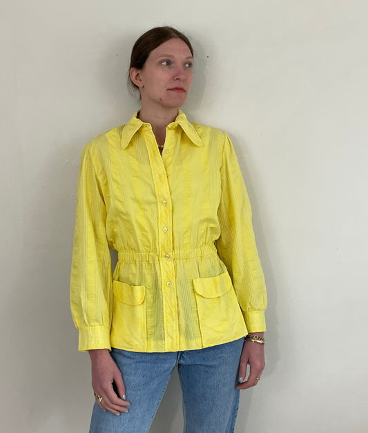 vintage 70s lemon yellow nipped waist seersucker cotton tunic blouse  Medium