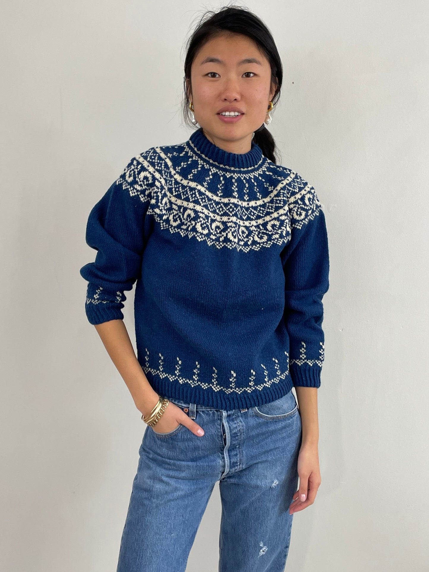 Vintage Hand Knit Swedish Fair Isle Wool Sweater Small