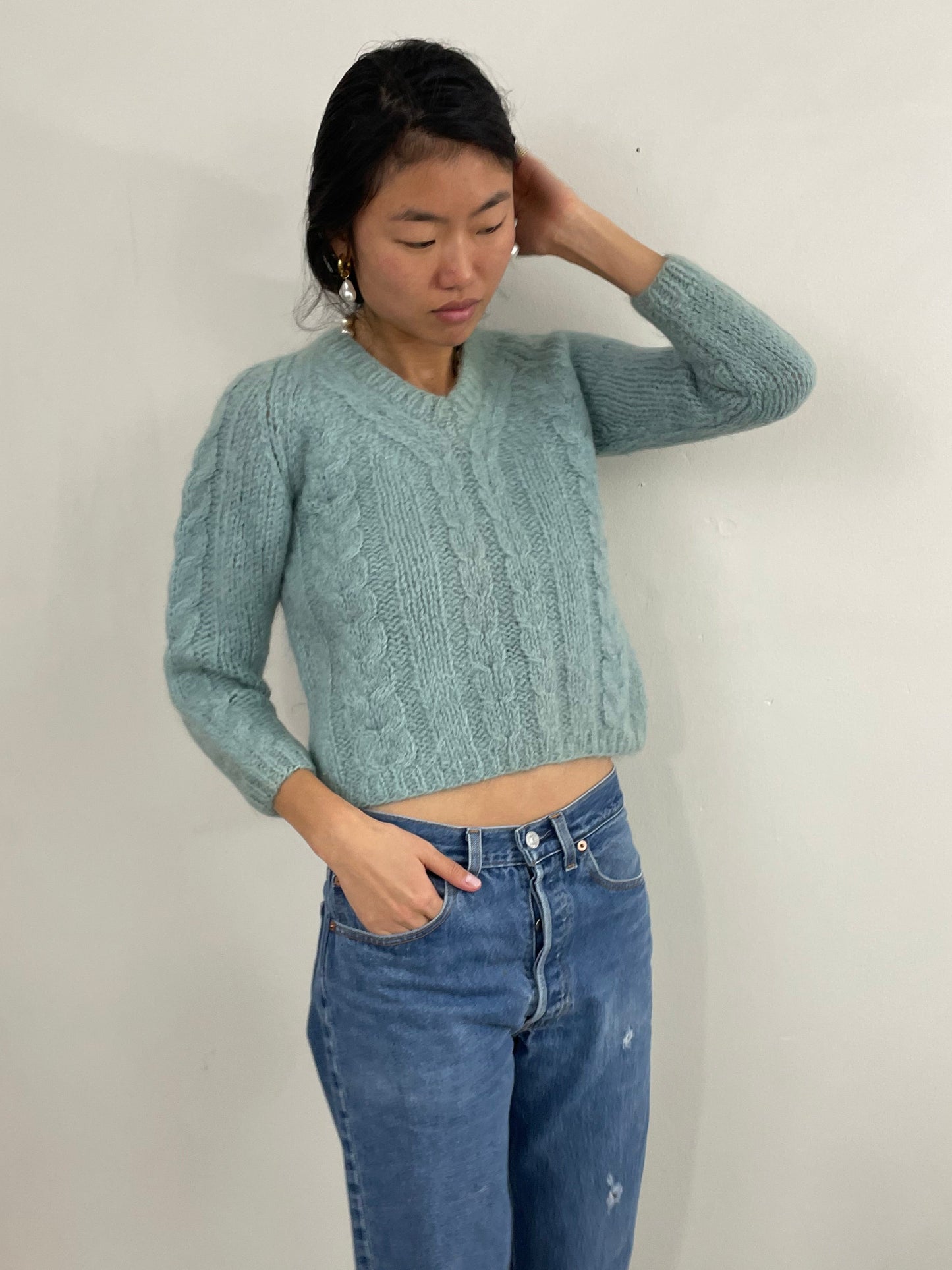 Vintage 60s Mohair Hand Knit Robins Egg Blue Cropped Cable Sweater S