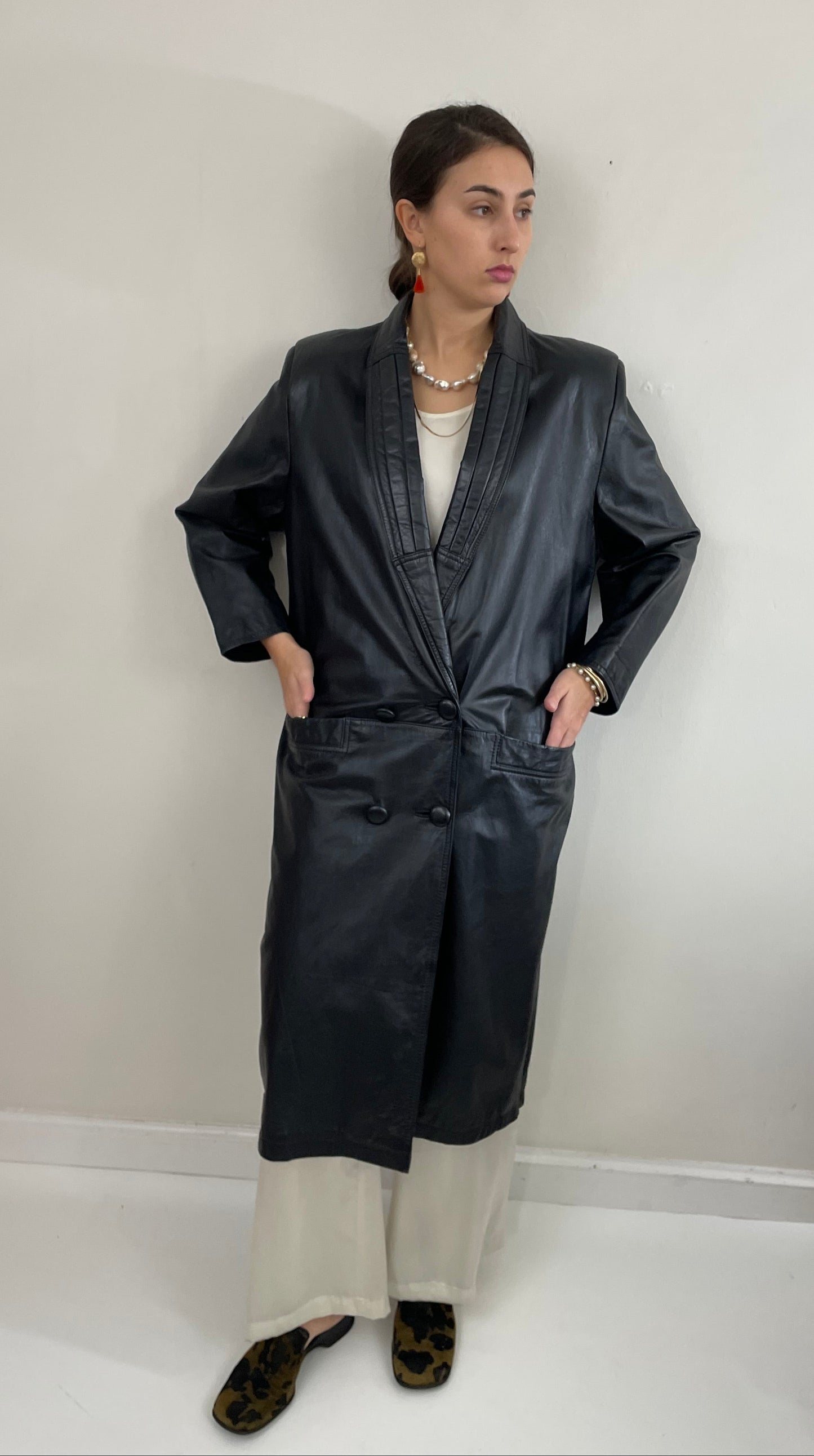 Vintage 90s Leather Trench Black Double Breasted Jacket