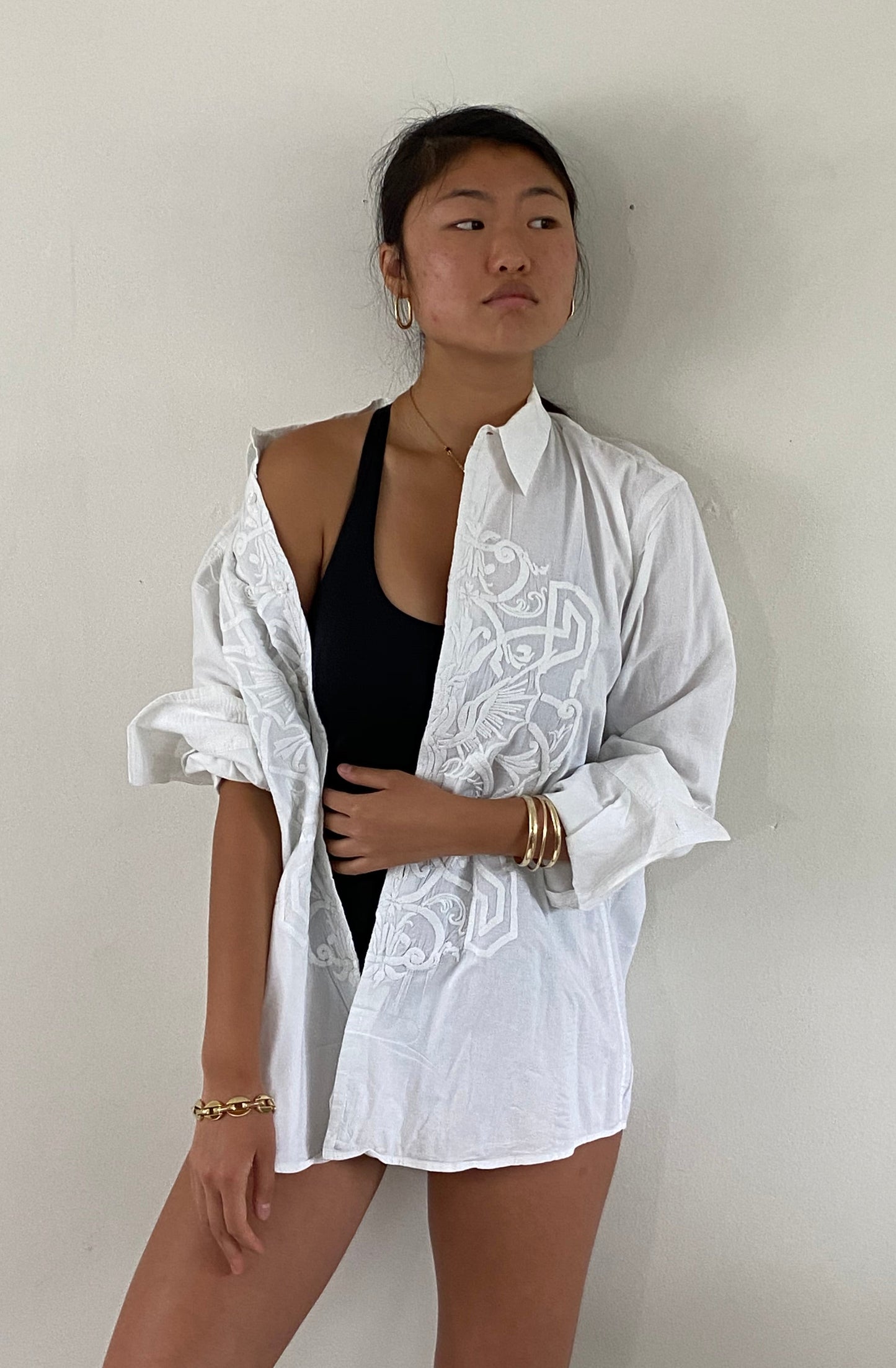 vintage 90s embroidered white on white embroidery cotton batiste button down oversized shirt blouse | XL