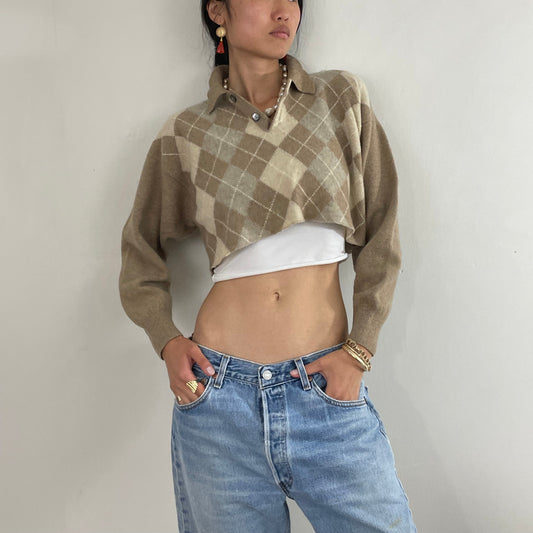 vintage 100% cashmere cropped collared henley argyle oversized pullover boyfriend beach beige sweater