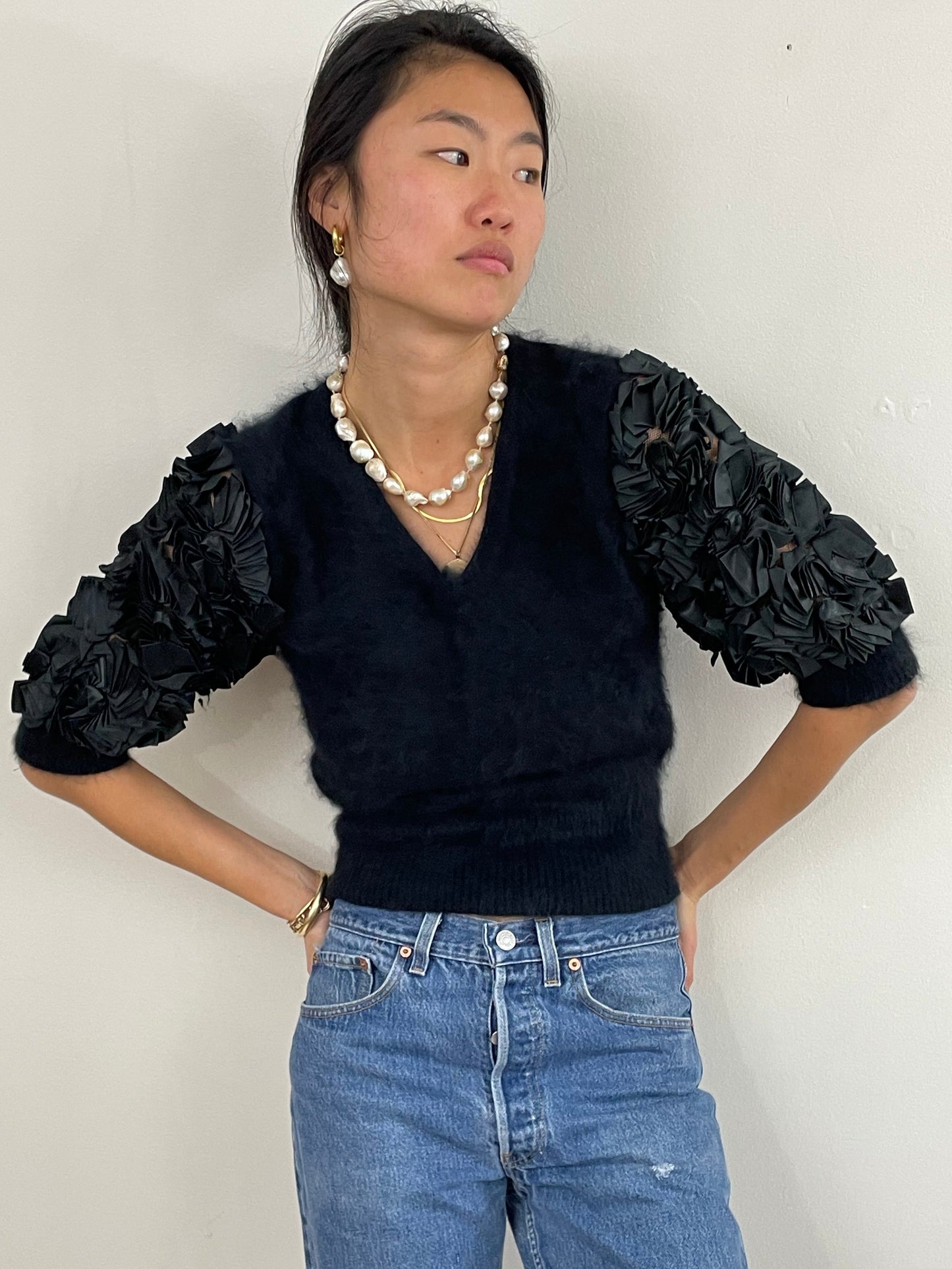 Vintage 80s Angora Puff Sleeve Black Fuzzy Sweater Med