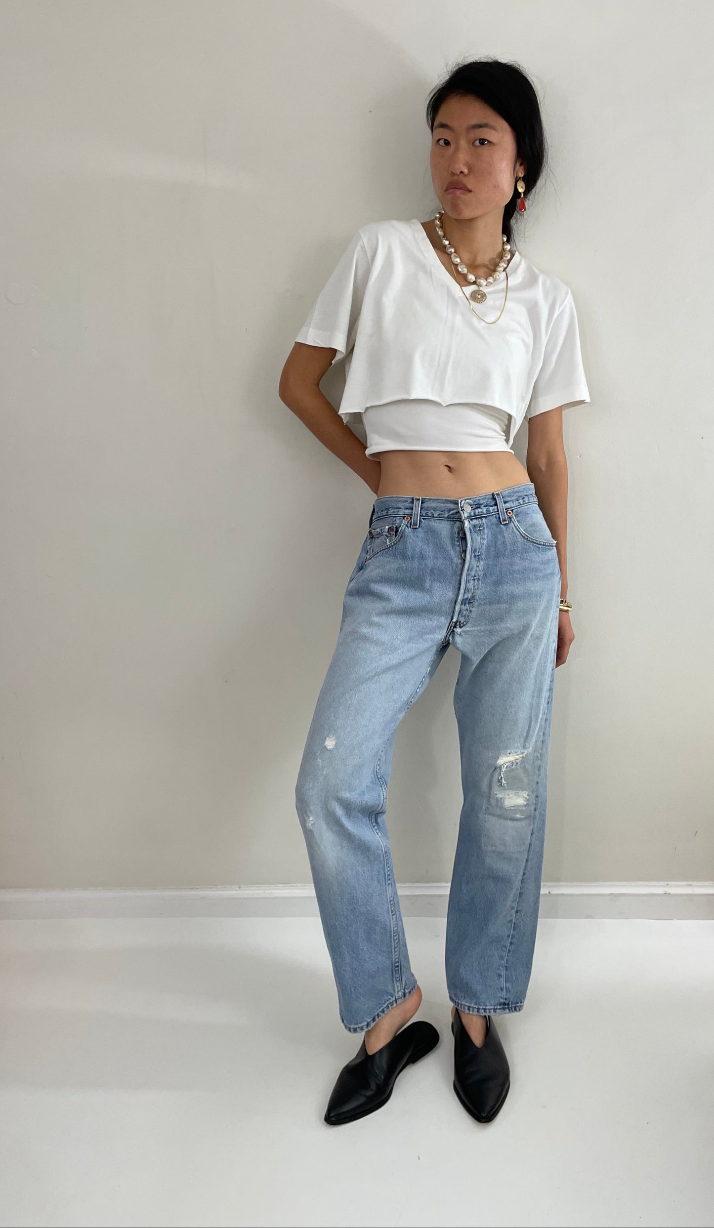RESERVED Vintage 80s Levi's 501 faded button fly medium wash red tab patched knee Levis iconic jeans size 32 x 29