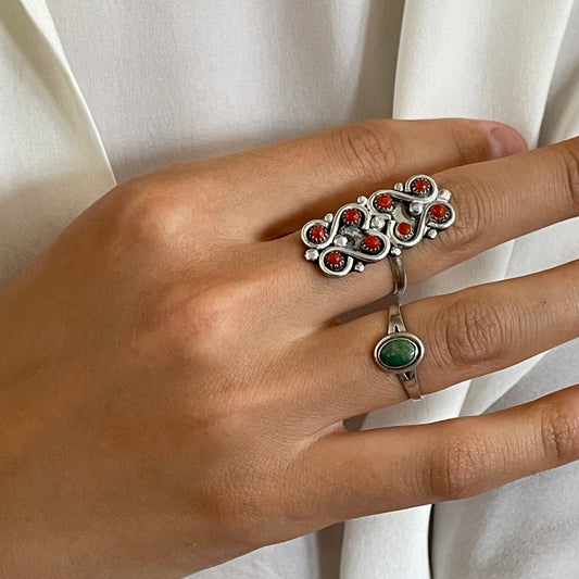 Vintage 50s Artisan Hand Wrought Navajo Red Coral Cluster Statement Sterling Silver Ring