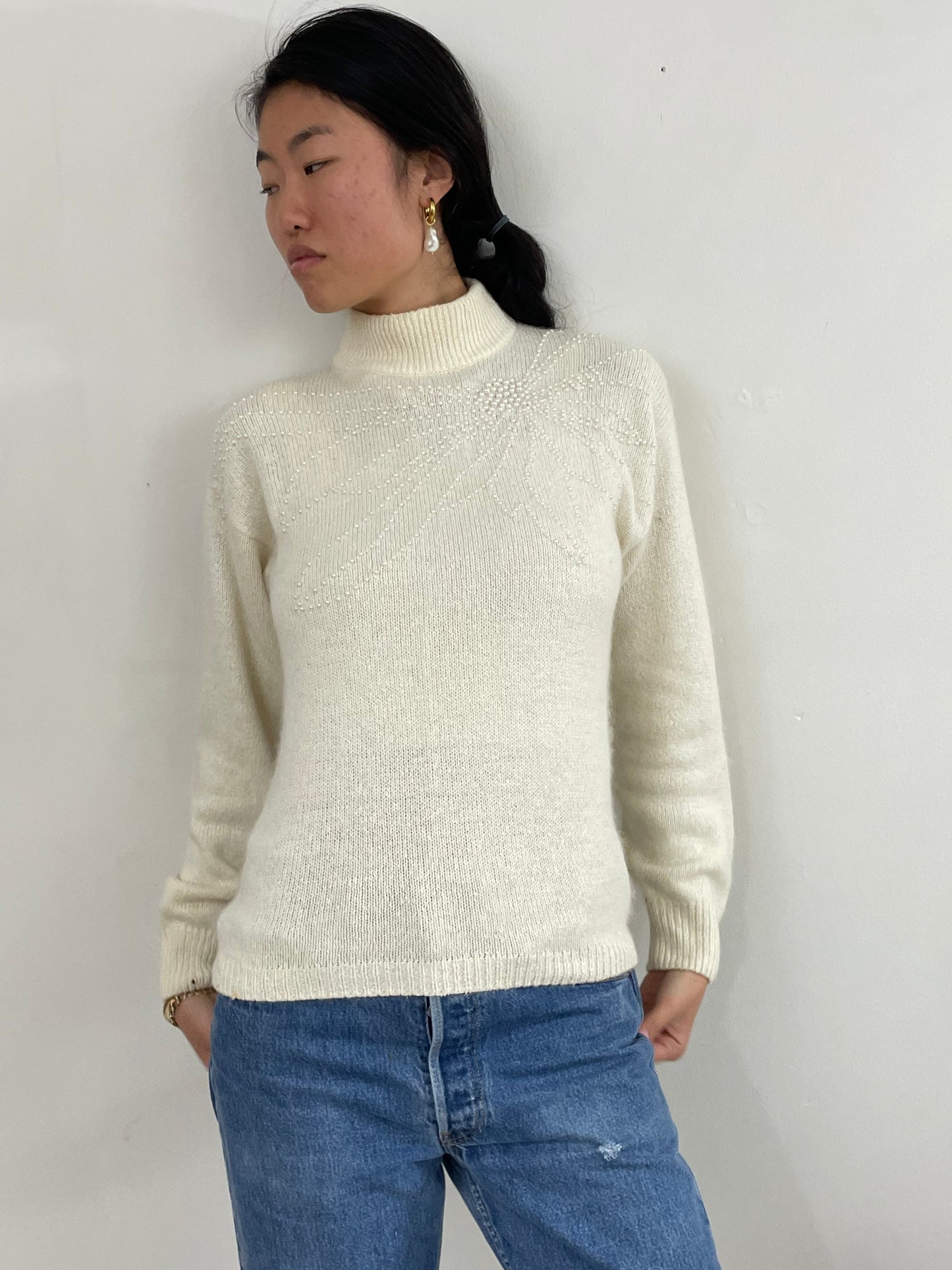 Vintage 90s Beaded Silk Angora Mockneck White Sweater Med
