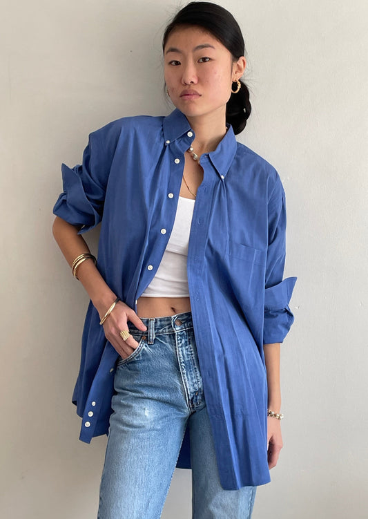 vintage blue cotton oversized boyfriend shirt | XL capsule wardrobe deep cerulean blue button down shirt