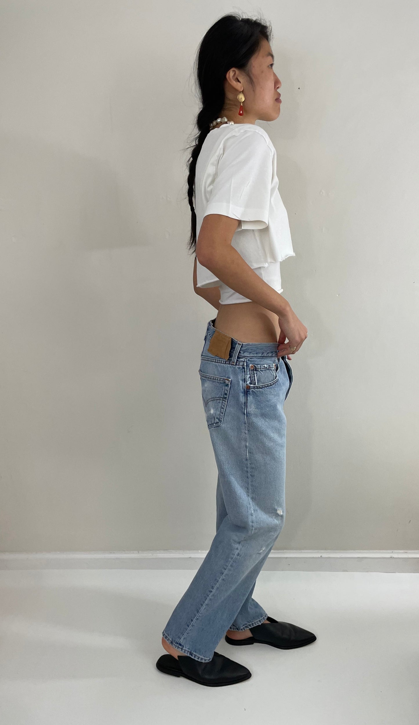 RESERVED Vintage 80s Levi's 501 faded button fly medium wash red tab patched knee Levis iconic jeans size 32 x 29