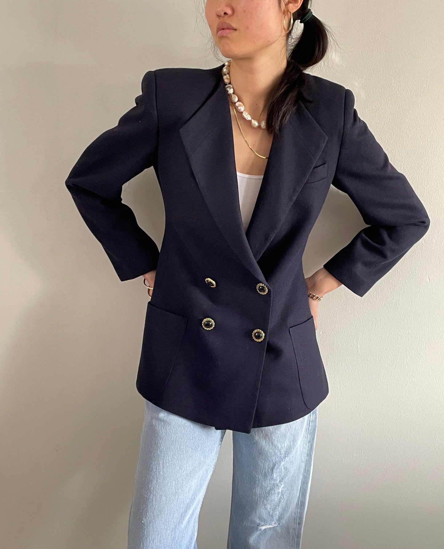 vintage double breasted cropped navy blue wool 90s blazer Medium