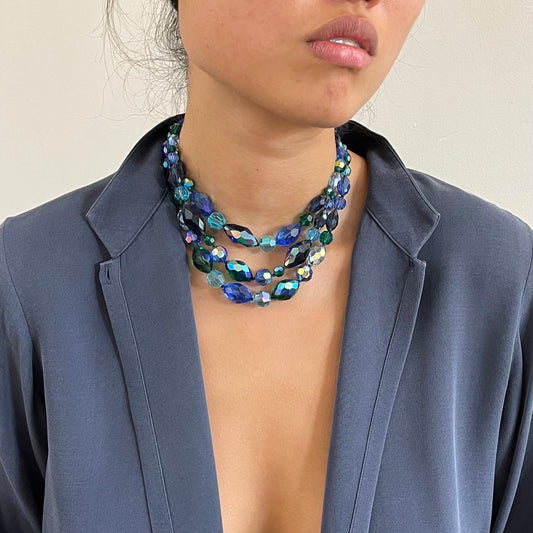 Vintage 50s Blue Aurora Borealis Cut Crystal 3 Strand Choker Collar Necklace + Earrings