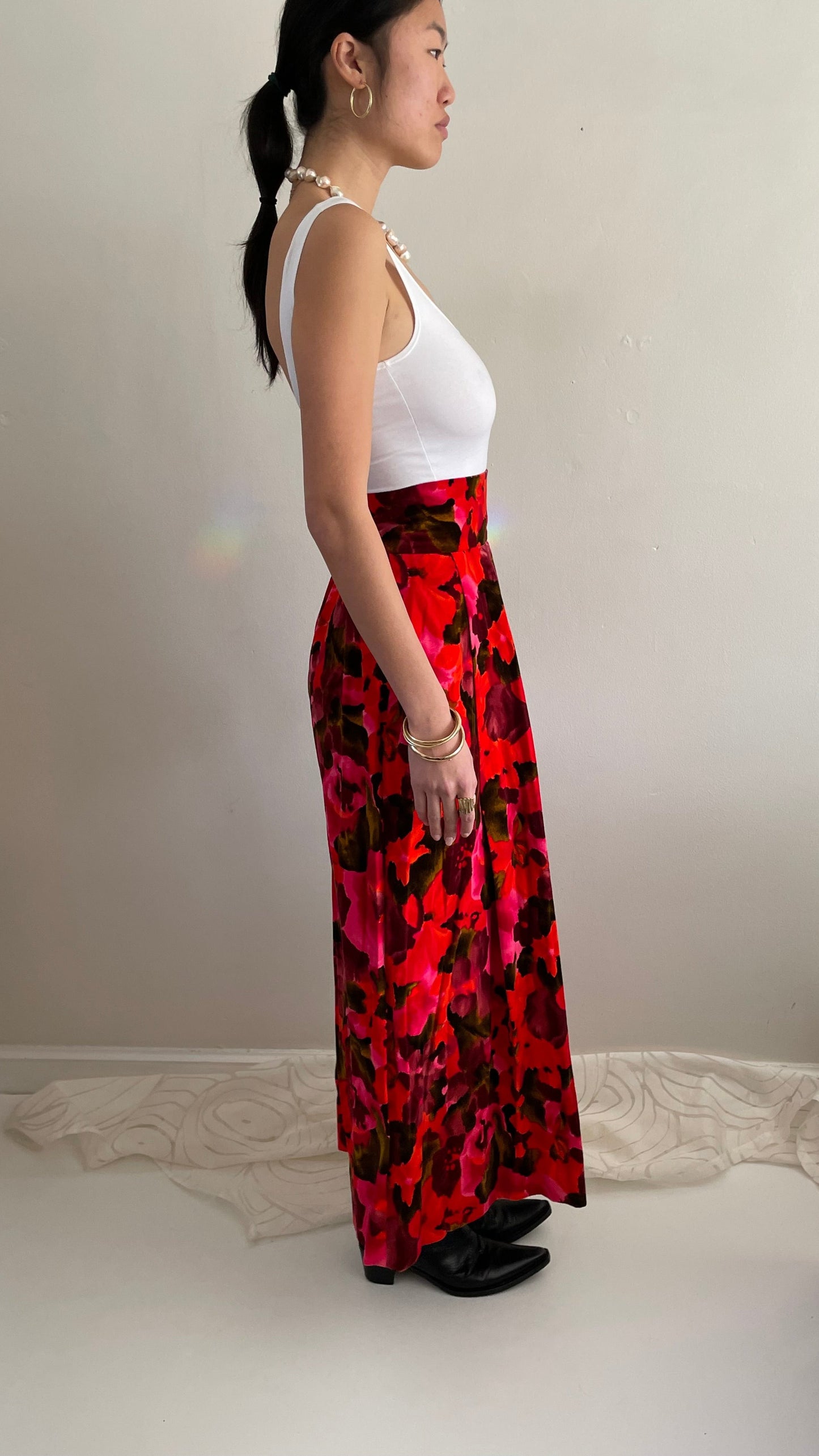 70s printed velvet maxi skirt 26 Waist