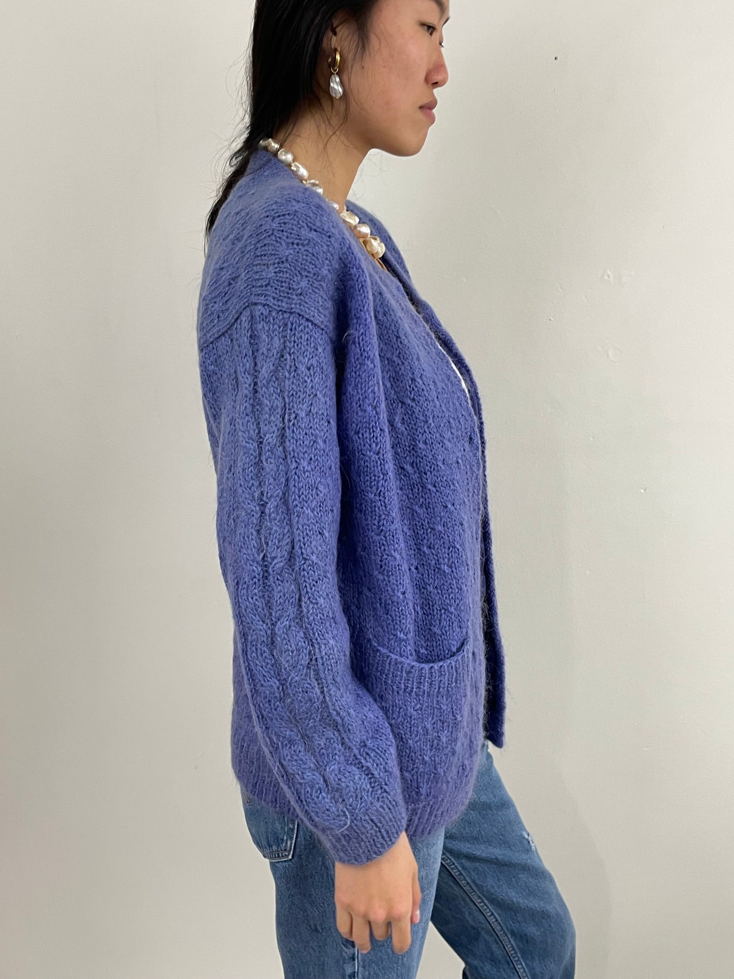 Vintage 90s Mohair Cable Knit Violet Oversized Shacket Sweater L