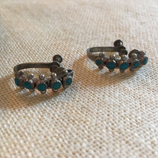 Vintage 50s Navajo Hand Crafted Wrought Turquoise Sterling Silver clip on statement Earrings