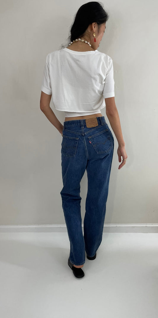 Vintage 80s Levi's 501 dark wash shrink to fit high waisted made for Women button fly tall Levis jeans size 27 x 32