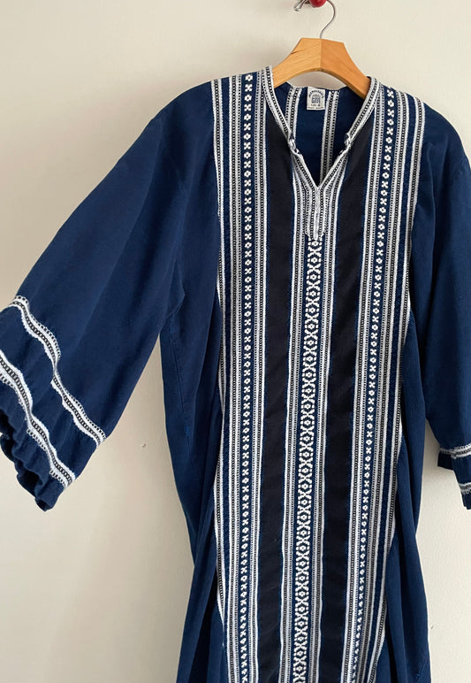 vintage 70s Greek Island Caftan Navy Blue Handwoven Maxi Caftan Beach Dress Medium