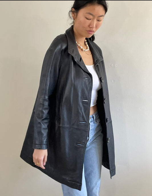 vintage black leather jacket 90s button front lambskin jacket