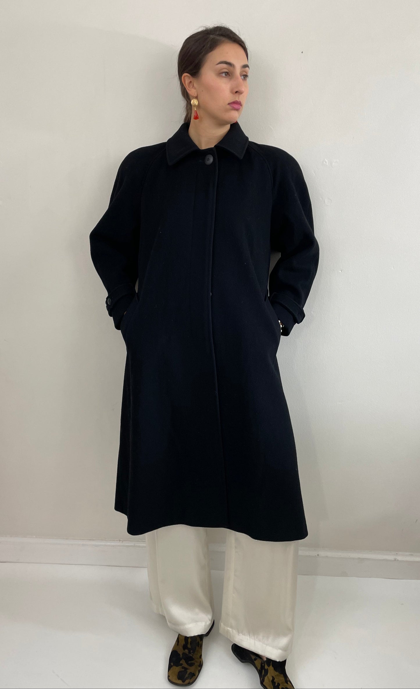 Vintage 90s Long Black Wool Overcoat Winter Coat